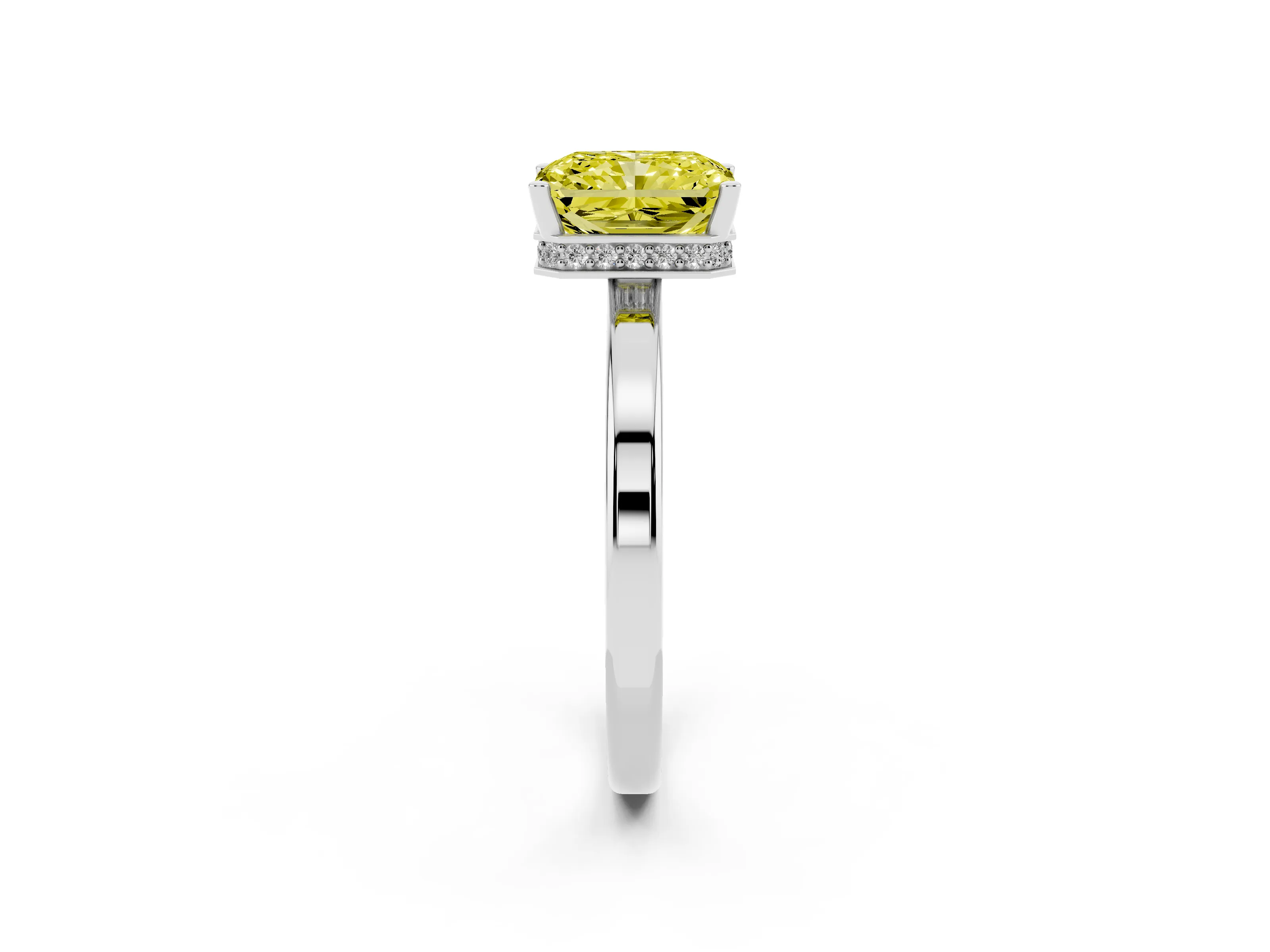Fancy Yellow Radiant Cut Diamond Solitaire Engagement Ring Set in Silver with Prong Setting on a Plain Band