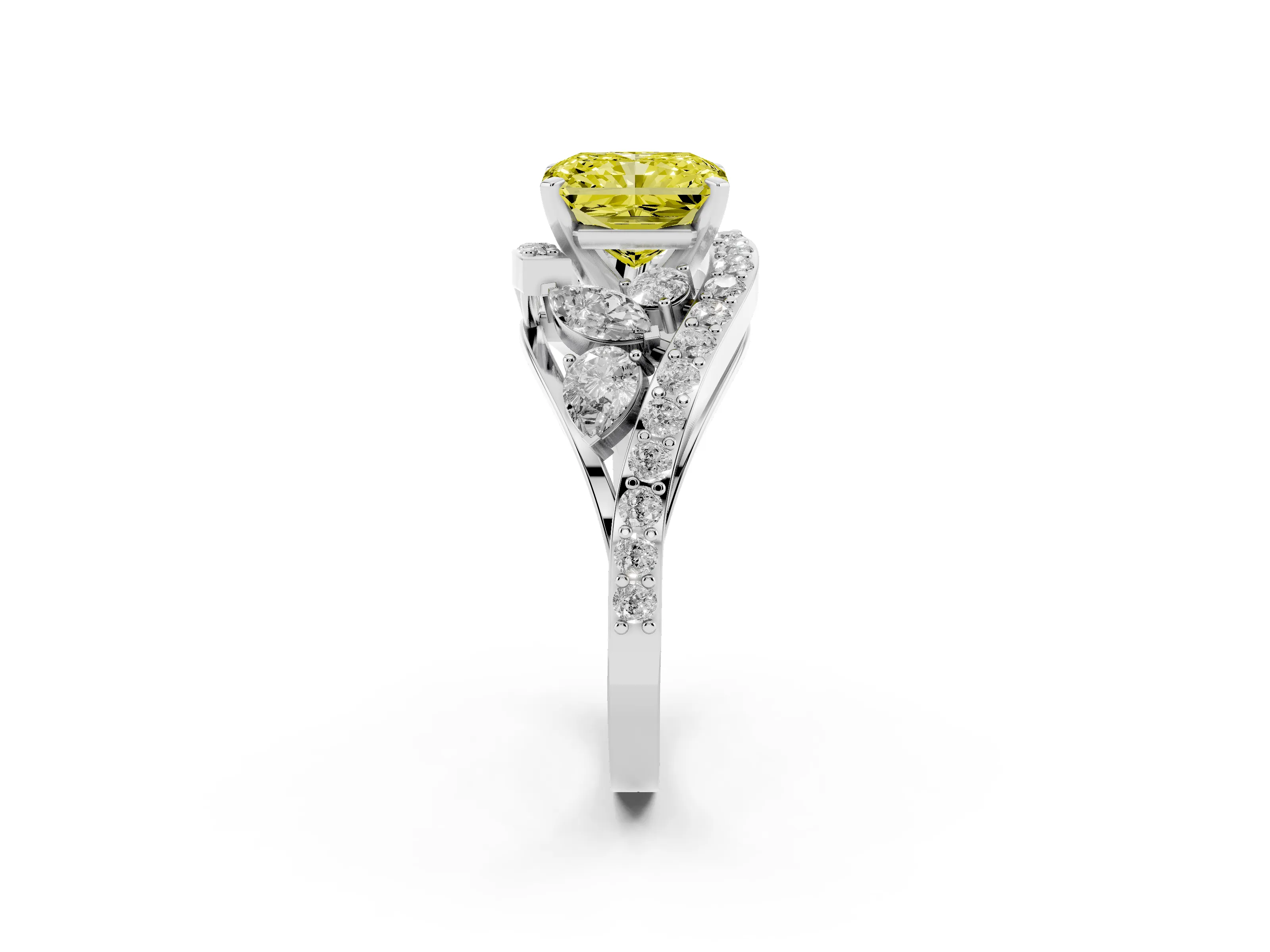 Fancy Yellow Radiant Cut Diamond Halo Ring Set in Silver with Marquise and Pavé Band in Prong Setting