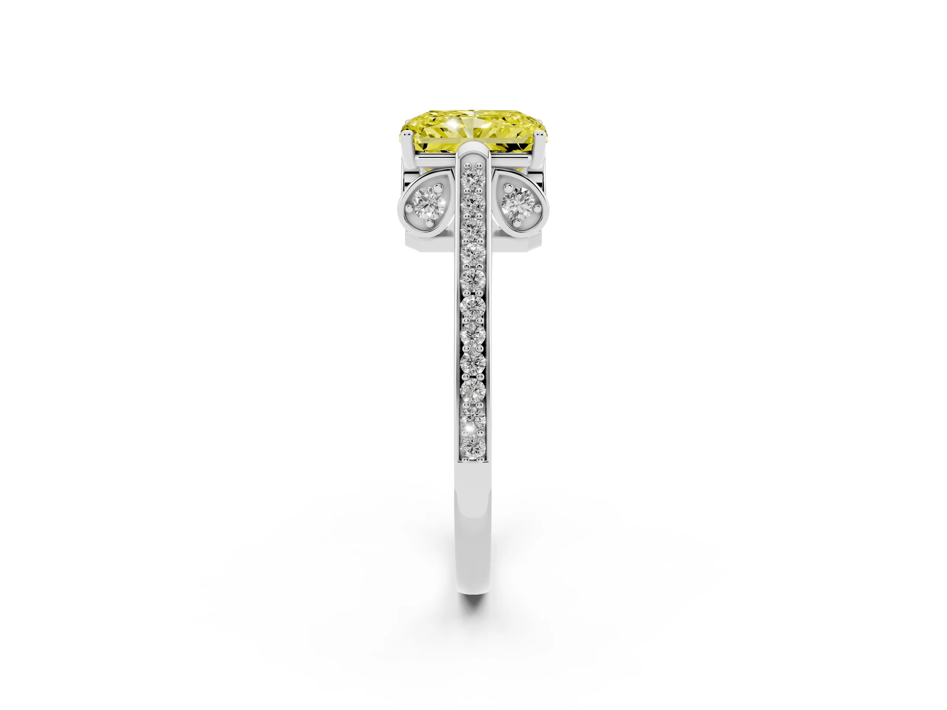 Fancy Yellow Radiant Cut Diamond Cathedral Pavé Engagement Ring Set in Silver with Prong Setting