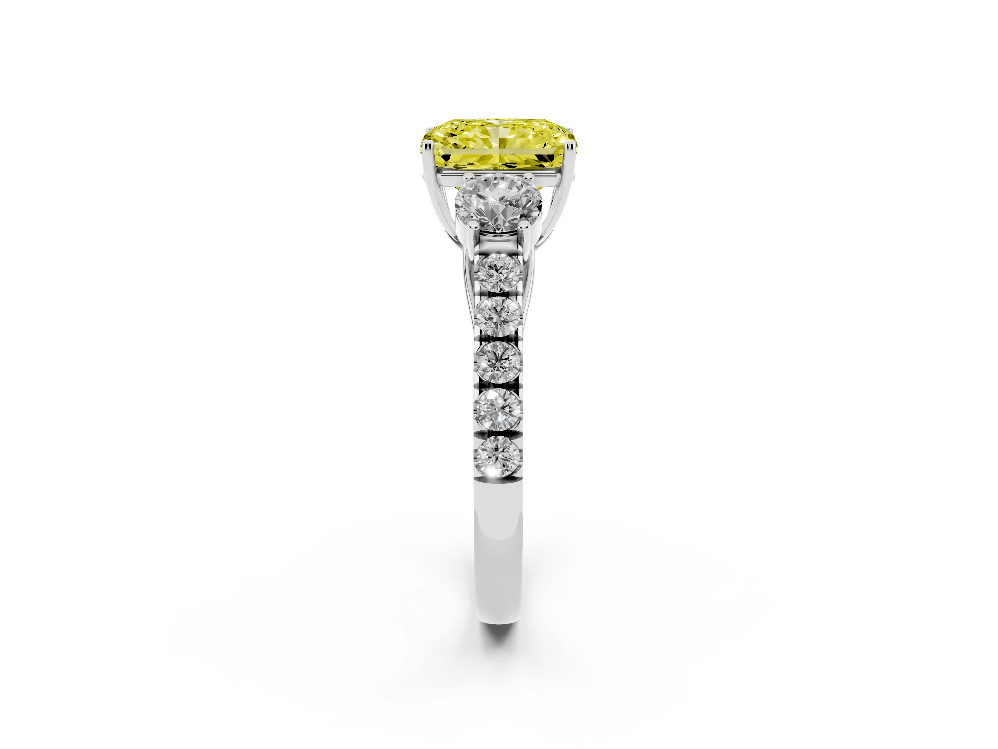 Fancy Yellow Radiant Cut Diamond Three-Stone Ring Set in Silver with Round Side Stones and Delicate Pavé Band