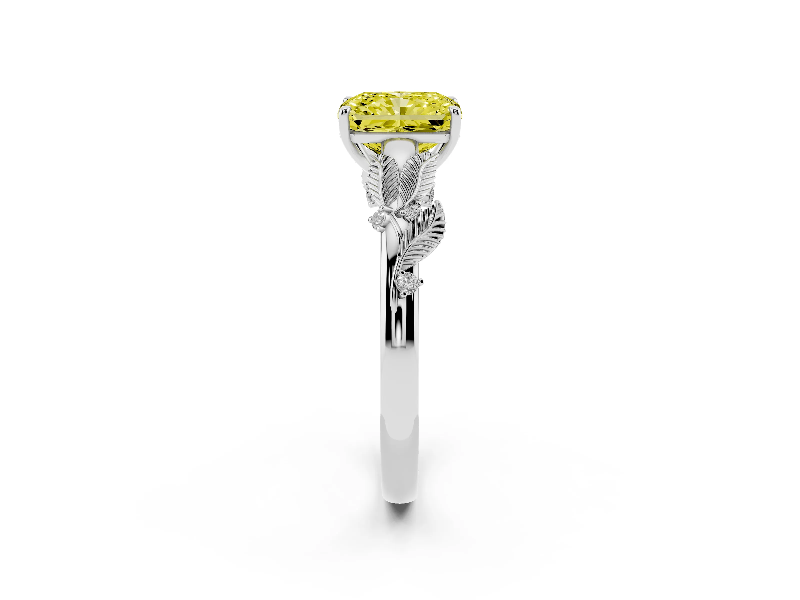 Fancy Yellow Radiant Cut Diamond Solitaire Ring Set in Silver with Leaf Motif Band