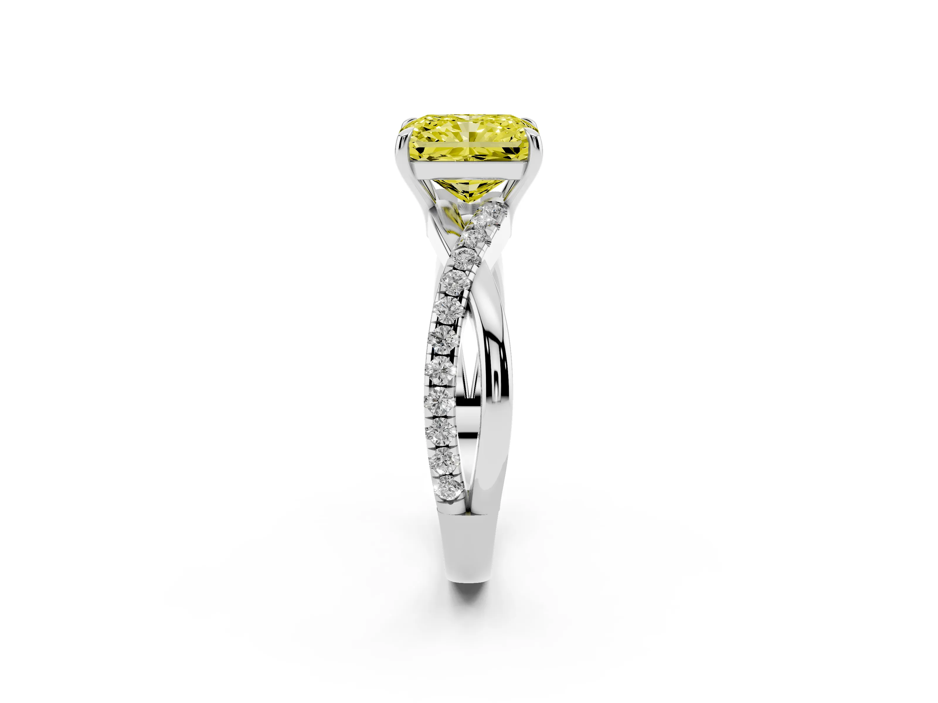 Fancy Yellow Radiant Cut Diamond Twisted Pavé Band Ring Set in Silver with Prong Setting