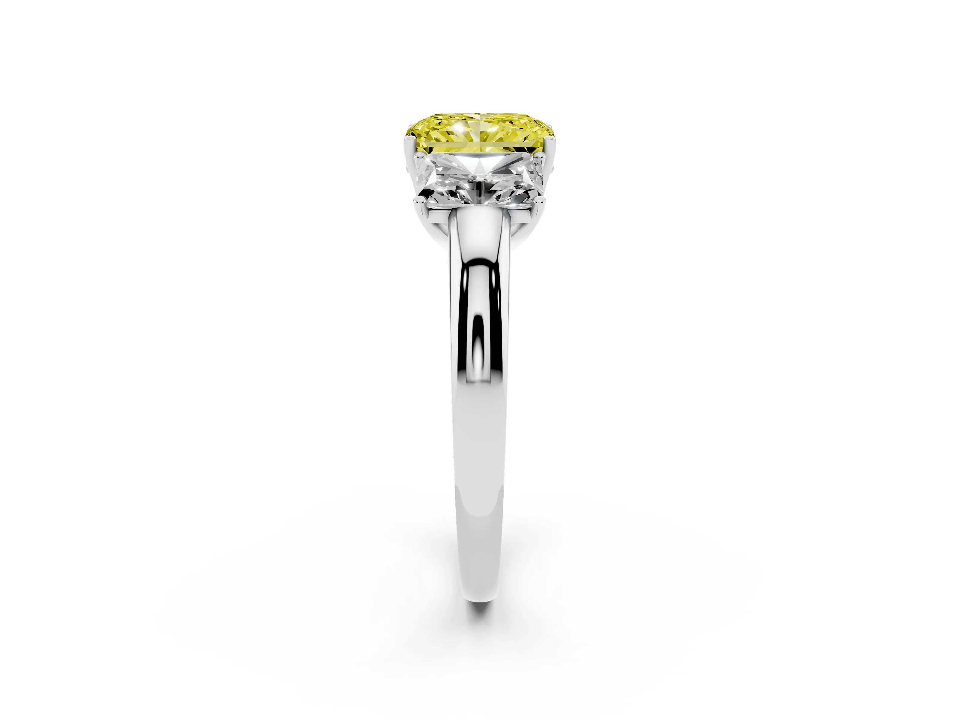 Fancy Yellow Radiant Cut Diamond Three-Stone Ring Set in White gold with Bold Center and Classic Band