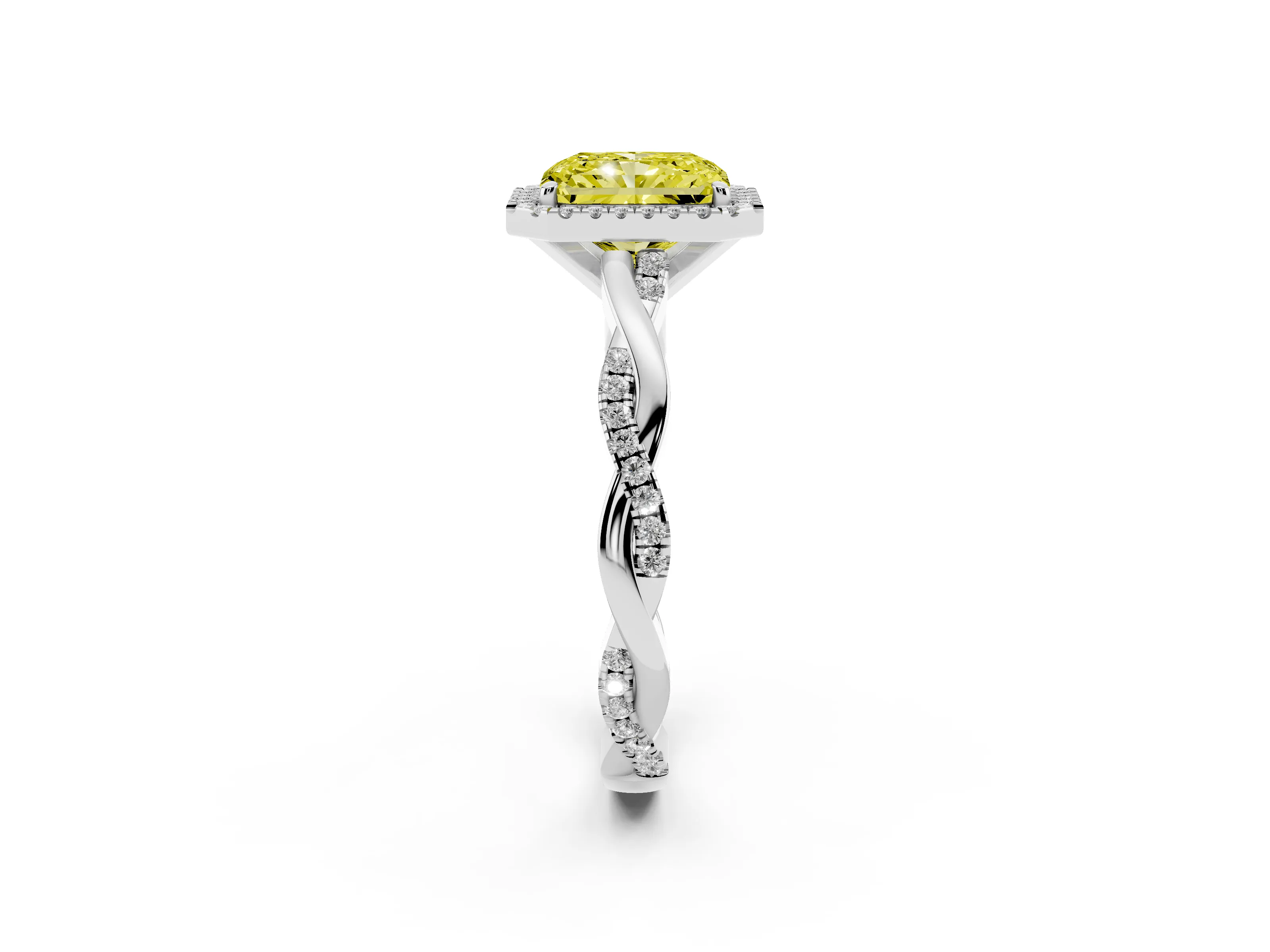 Fancy Yellow Radiant Cut Diamond Halo Twisted Band Ring Set in White gold with Prong Setting