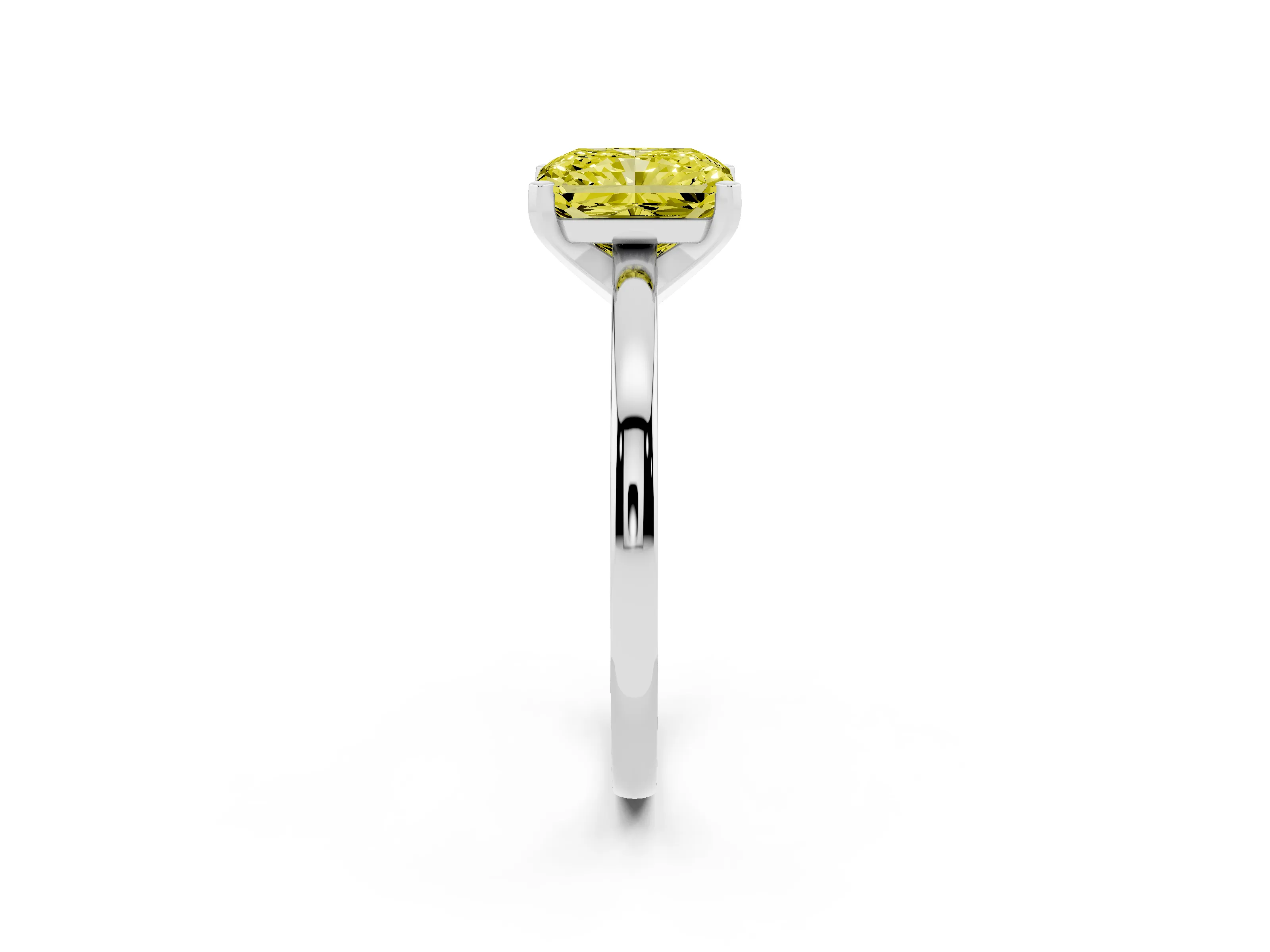 Fancy Yellow Radiant Cut Diamond Solitaire Engagement Ring Set in Platinum with Prong Setting on a Classic Band