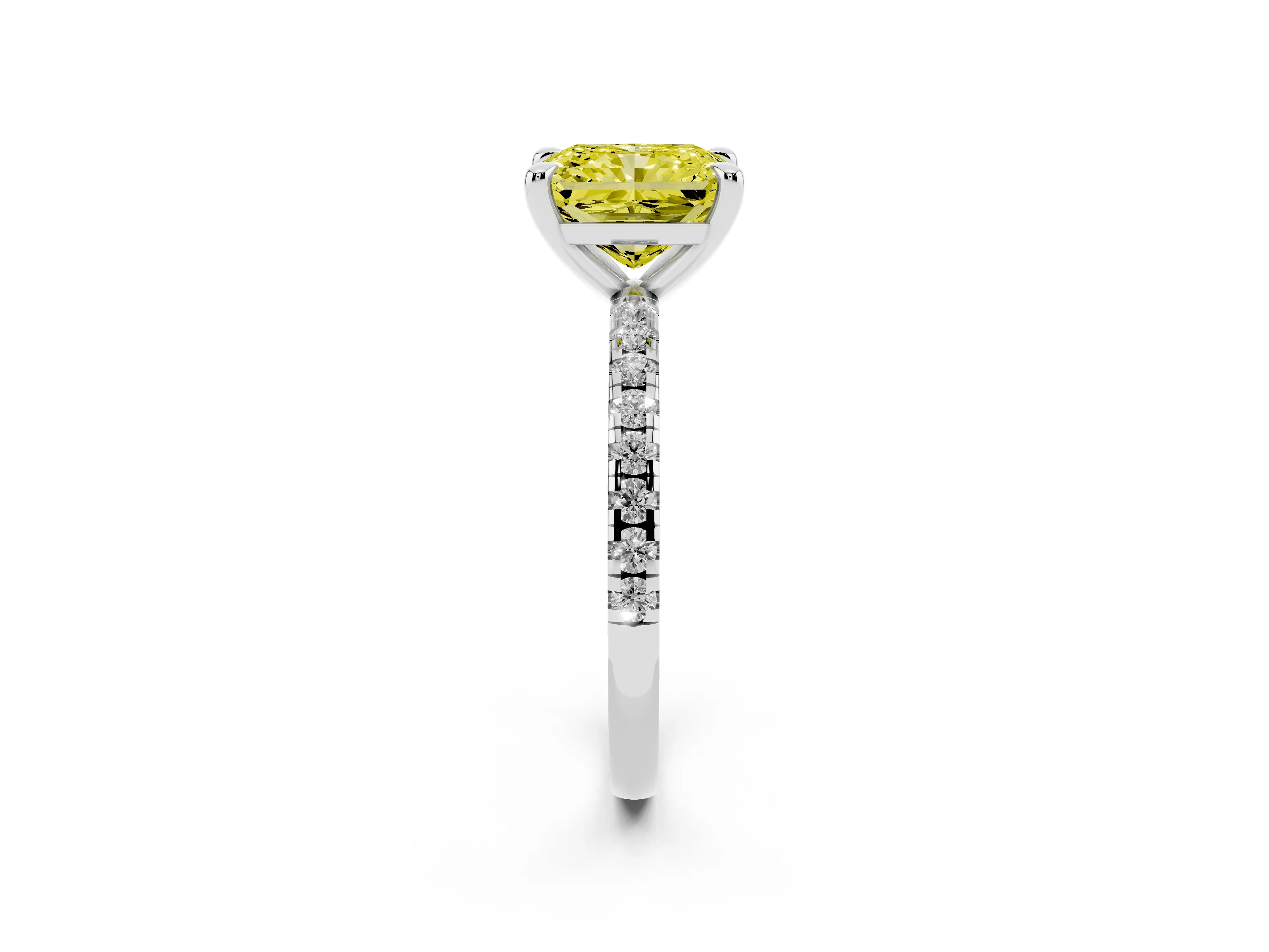Fancy Yellow Radiant Cut Diamond Brilliant Solitaire Ring Set in White gold with Pavé Band and Prong Setting