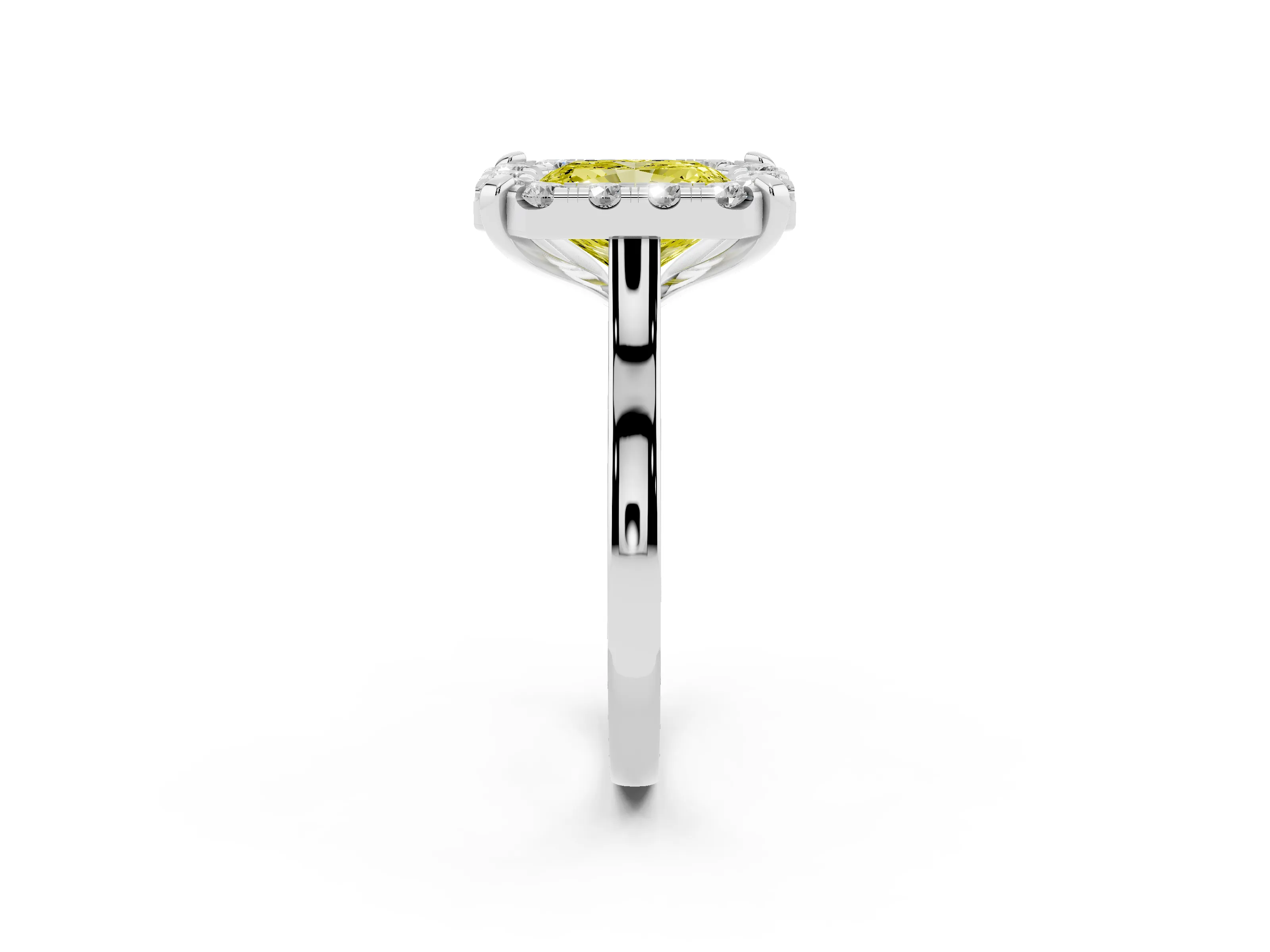 Fancy Yellow Radiant Cut Diamond Cluster Halo Solitaire Ring Set in White gold with Prong Setting