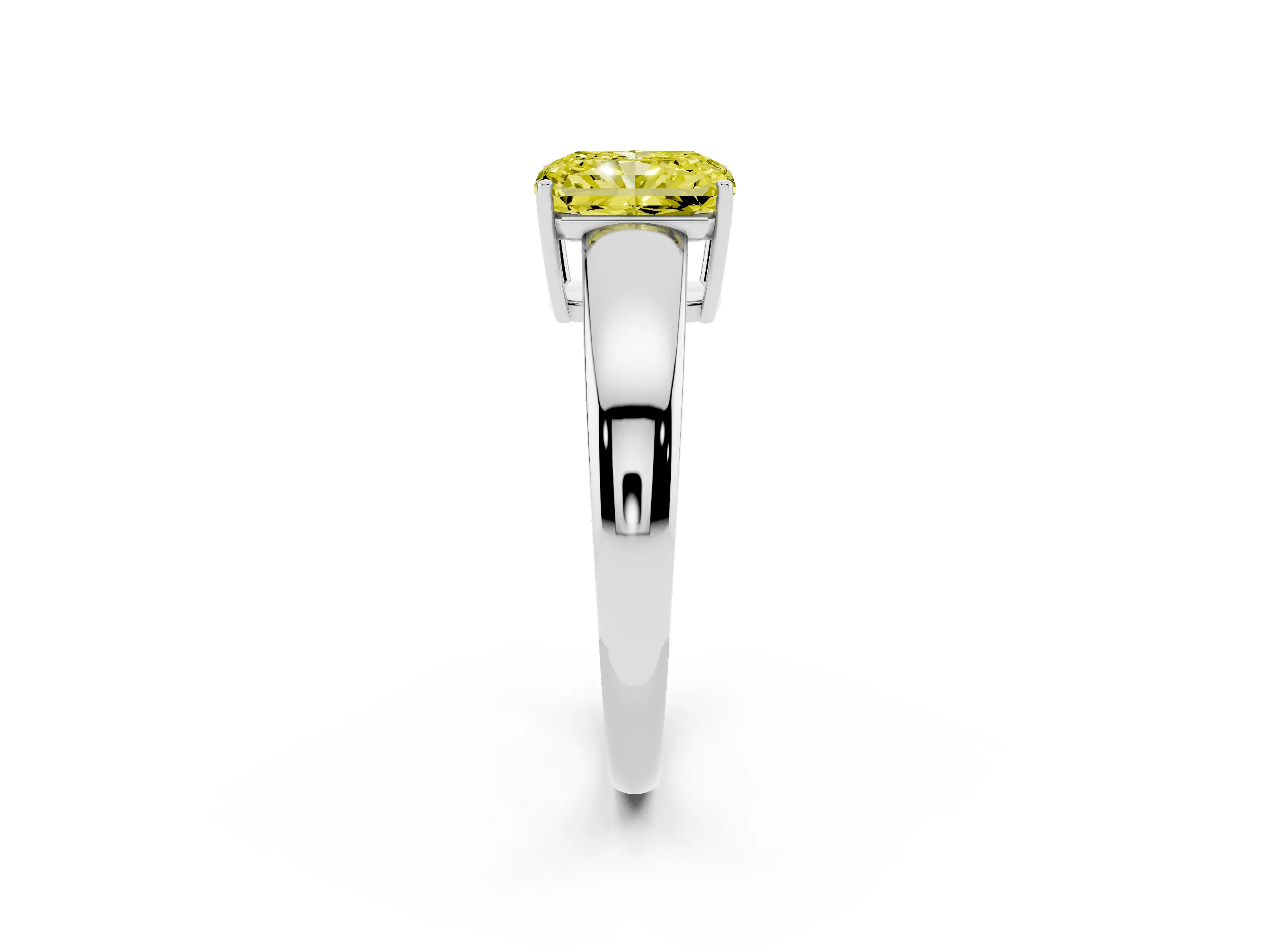 Fancy Yellow Radiant Cut Diamond Solitaire Ring Set in White gold with Tapered Band and Prong Setting