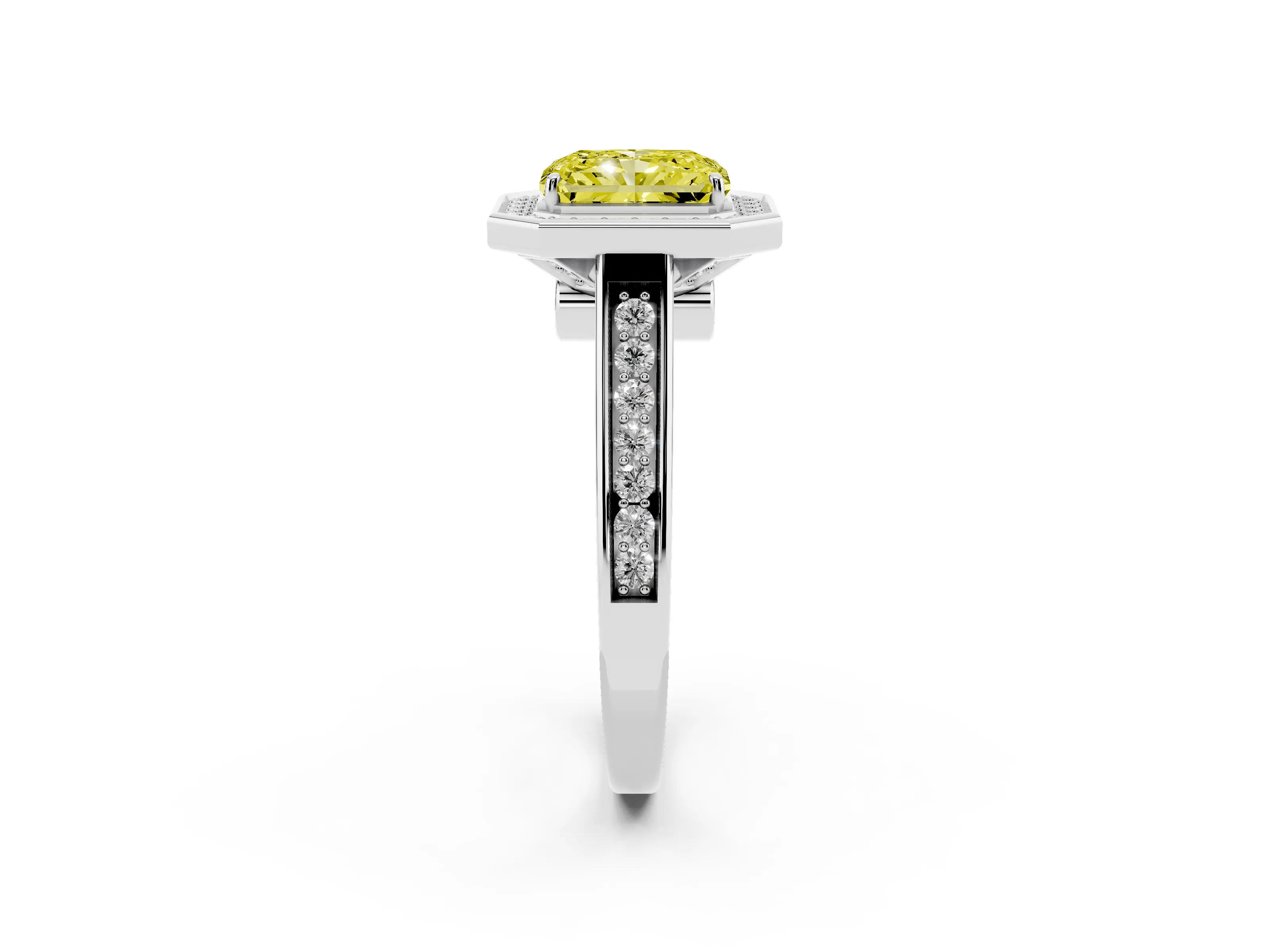 Fancy Yellow Radiant Cut Diamond Halo Solitaire Ring Set in Silver with Pavé Band and Bezel Setting