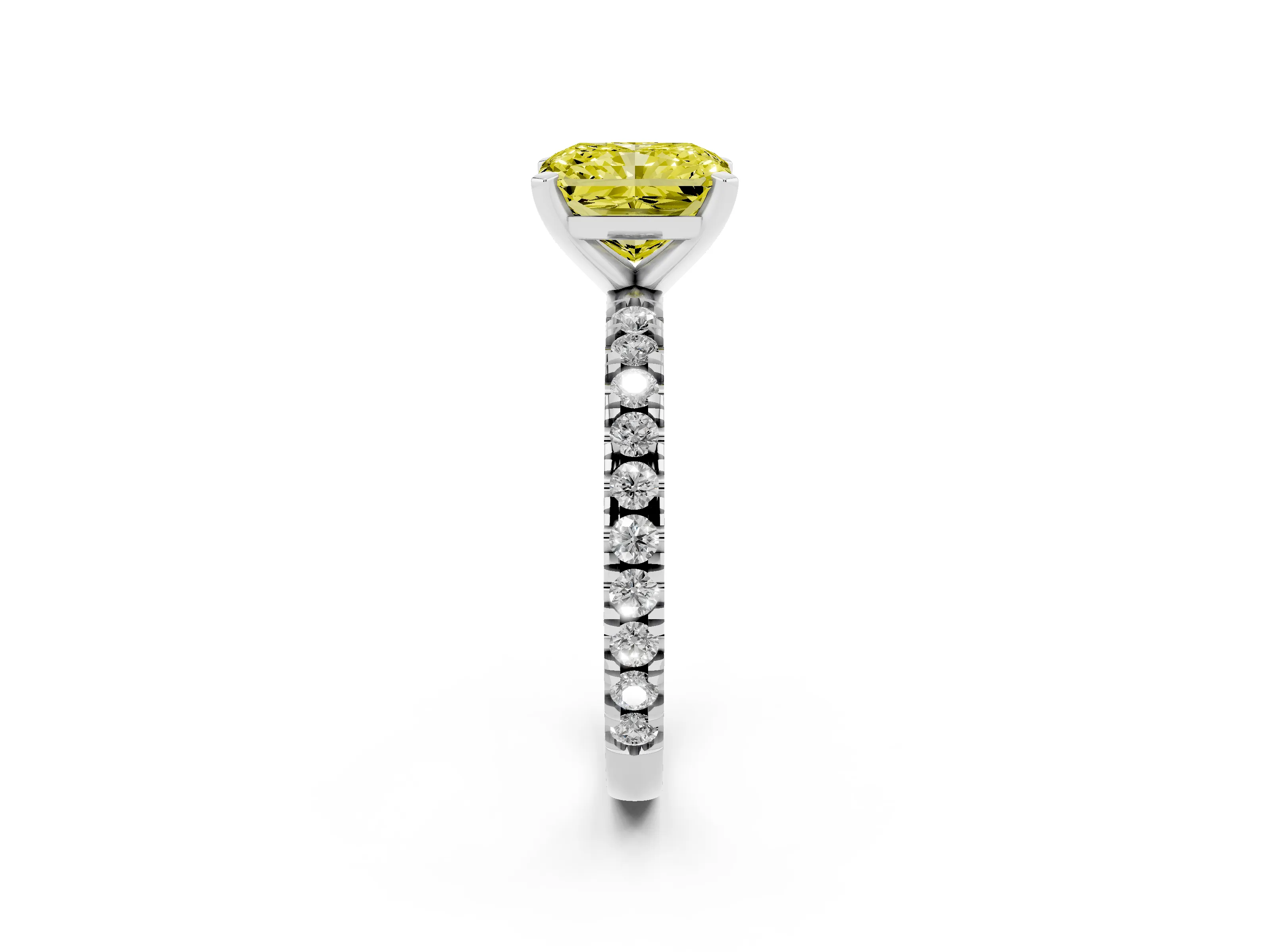 Fancy Yellow Radiant Cut Diamond Pavé Band Solitaire Set in Silver with Prong Setting