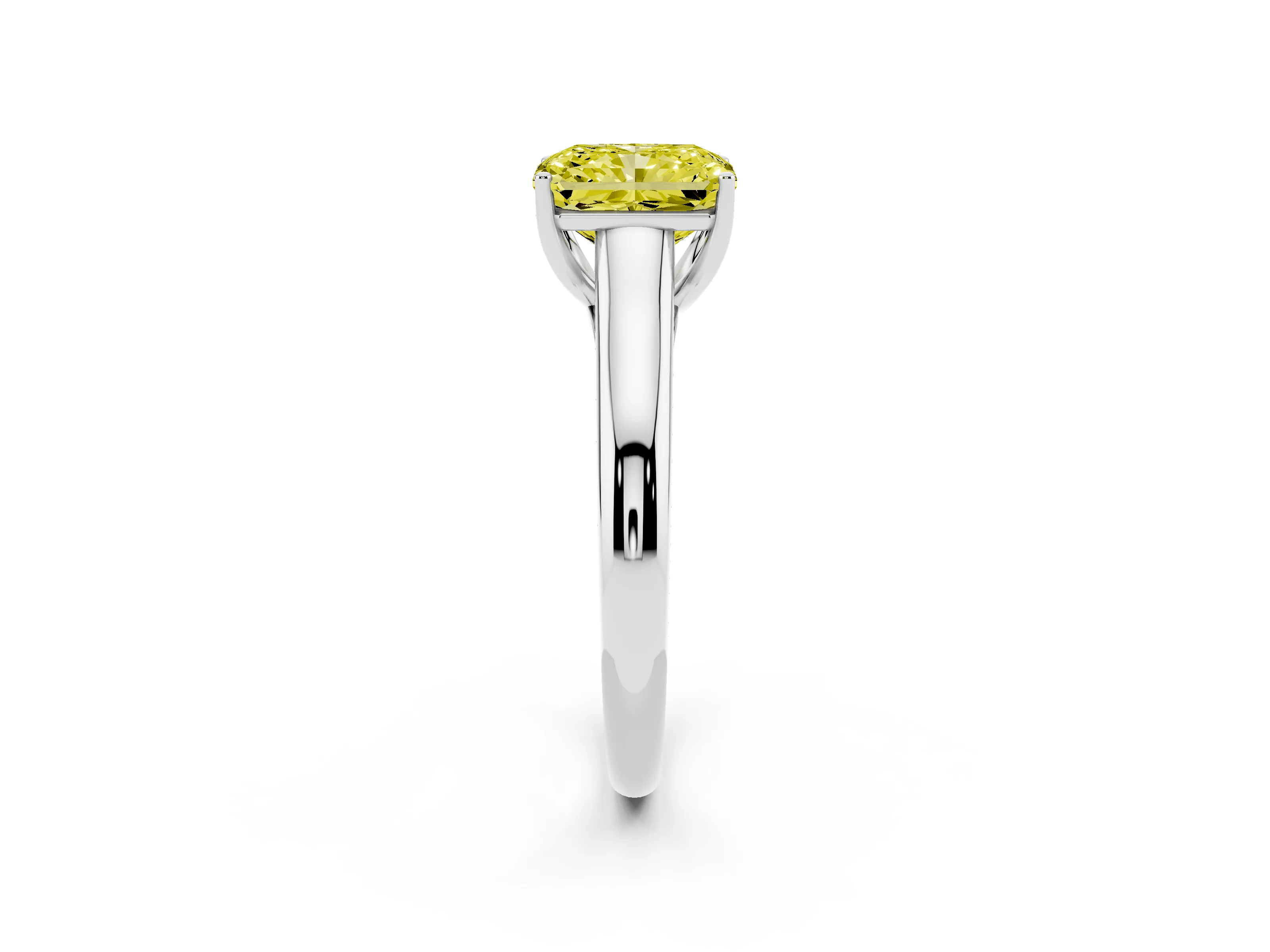 Fancy Yellow Radiant Cut Diamond Solitaire Engagement Ring Set in Silver with Subtly Tapered Band and Prong Setting