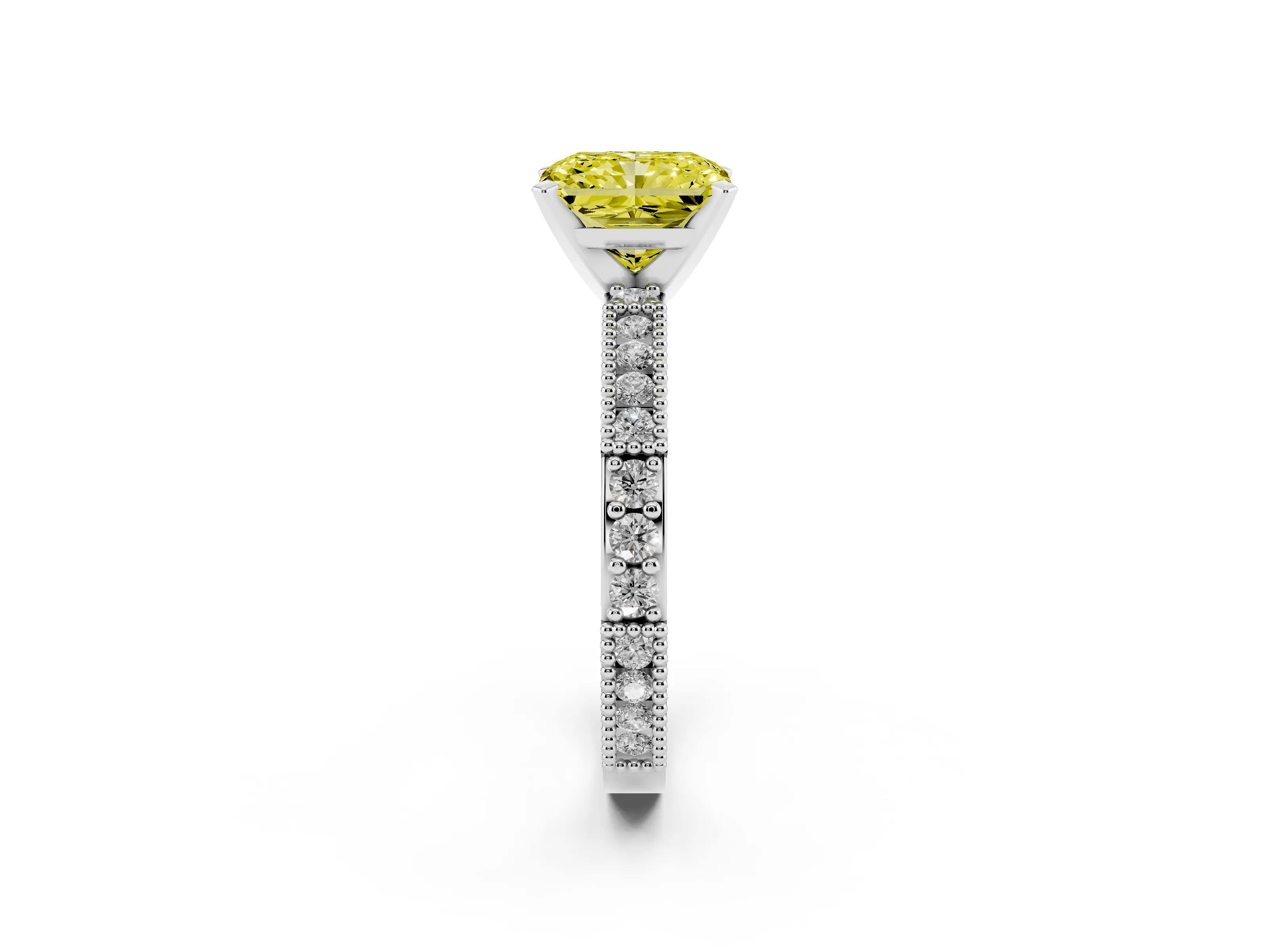 Fancy Yellow Radiant Cut Diamond Solitaire Ring Set in Platinum with Slim Pavé Band and Prong Setting