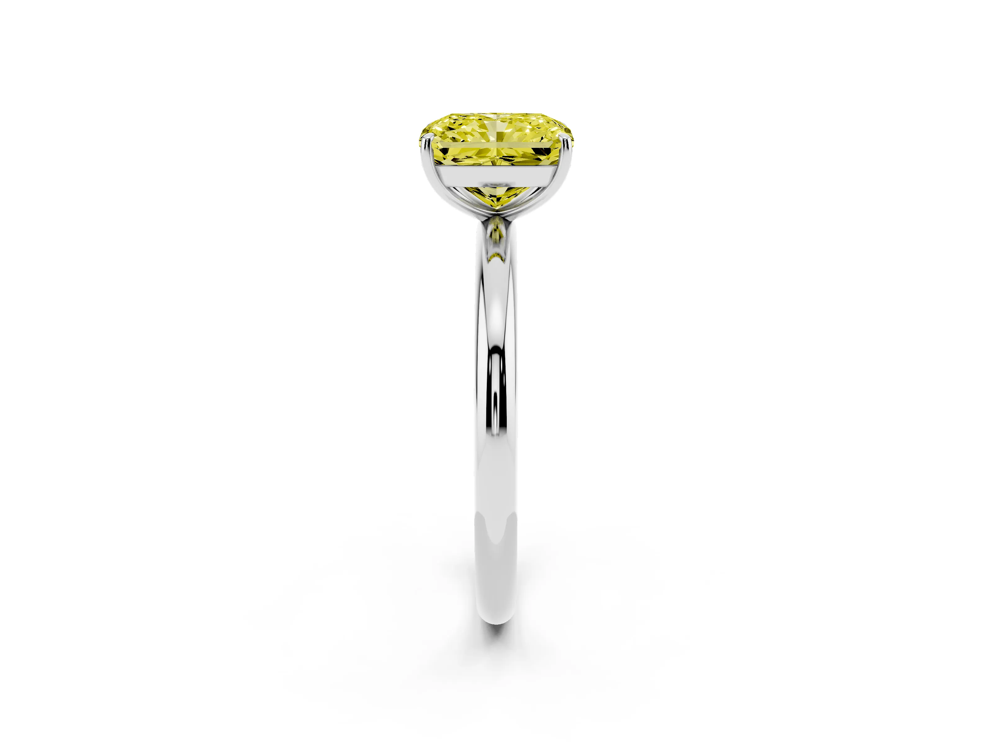 Fancy Yellow Radiant Cut Diamond Solitaire Ring Set in Platinum with Prong Setting on a Polished Plain Band
