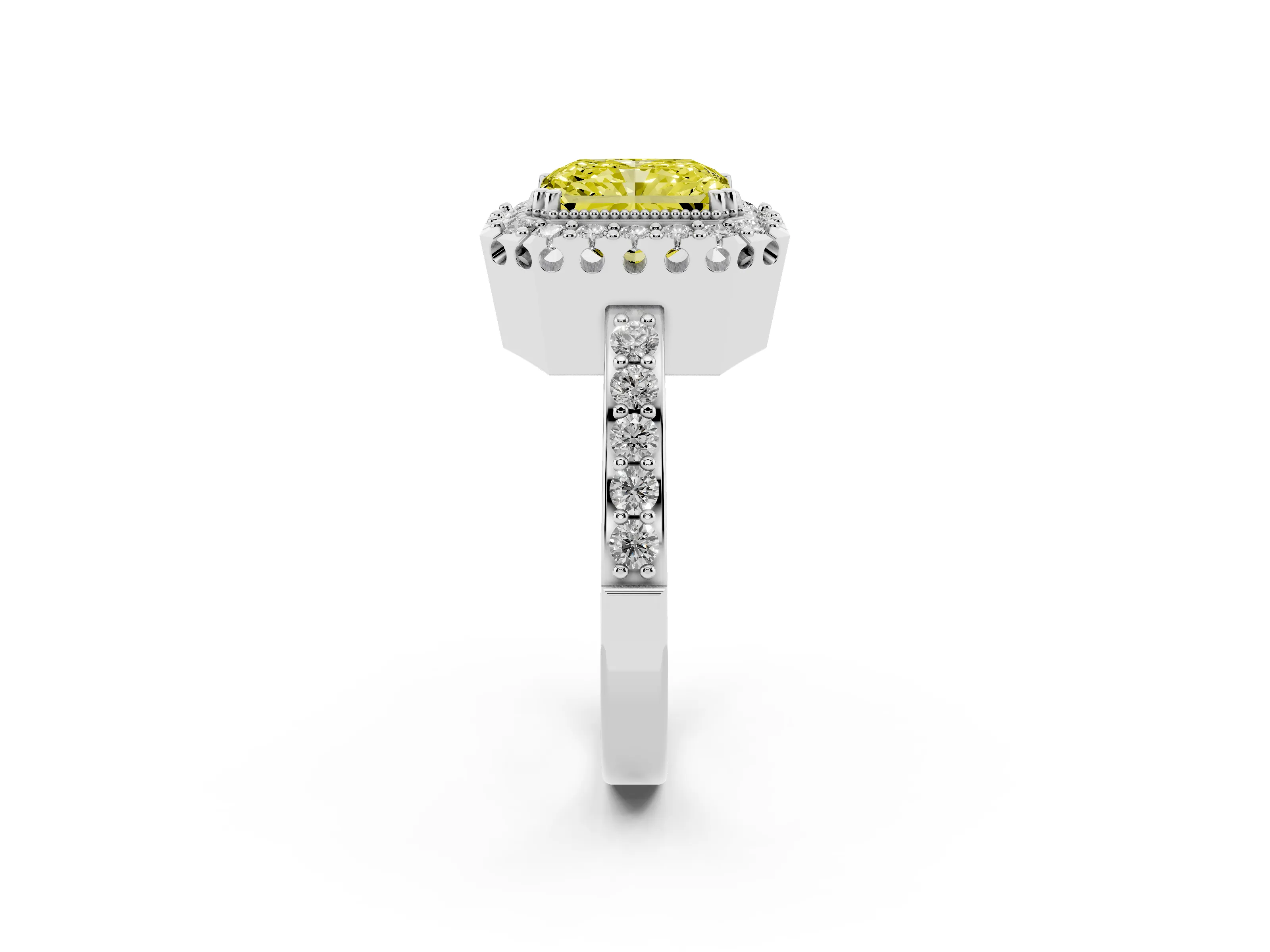 Fancy Yellow Radiant Cut Diamond Halo Ring Set in White gold with Pavé Shank and Prong Setting
