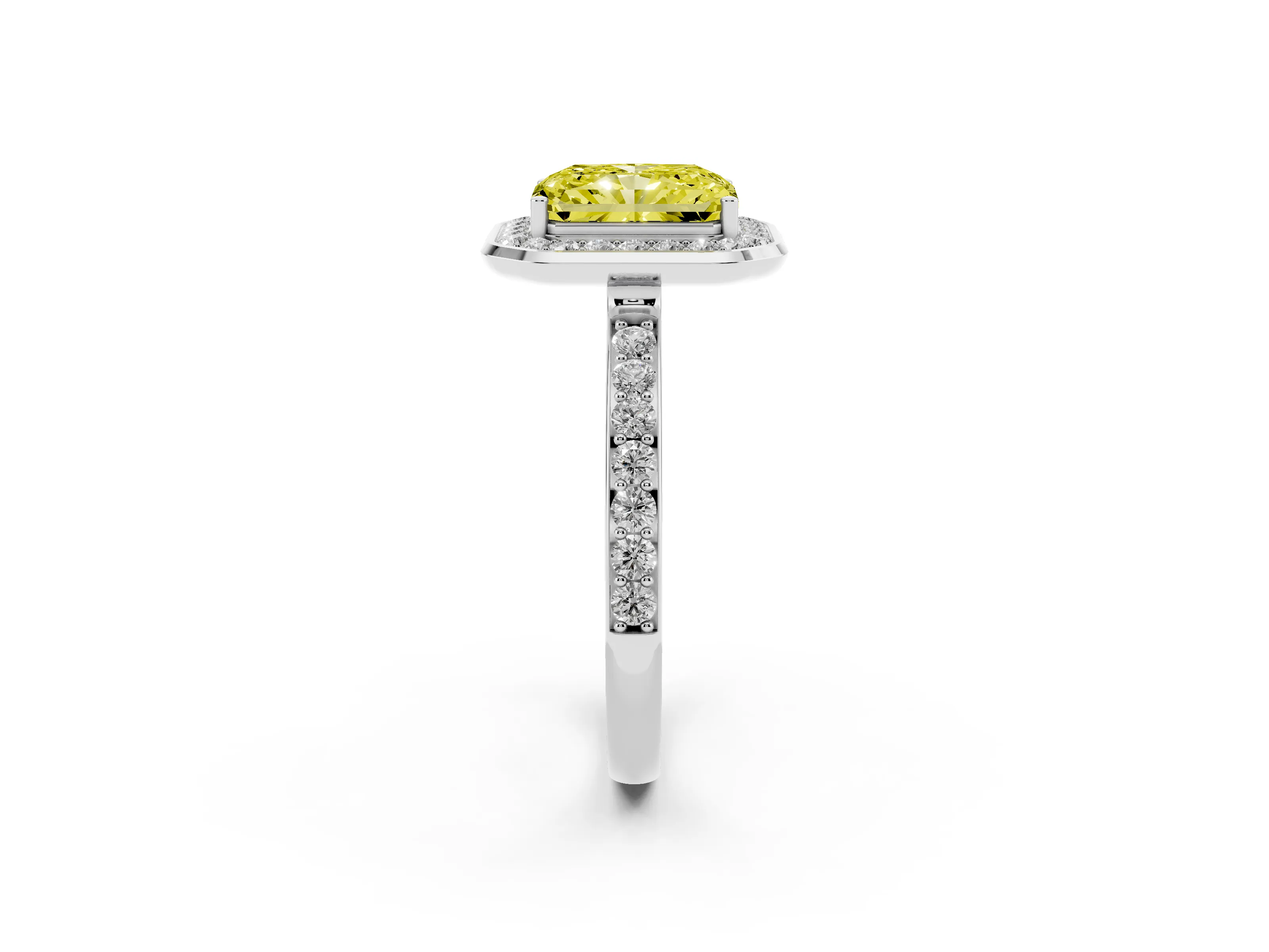 Fancy Yellow Radiant Cut Diamond Halo Ring Set in Silver with Bezel Frame and Pavé Band