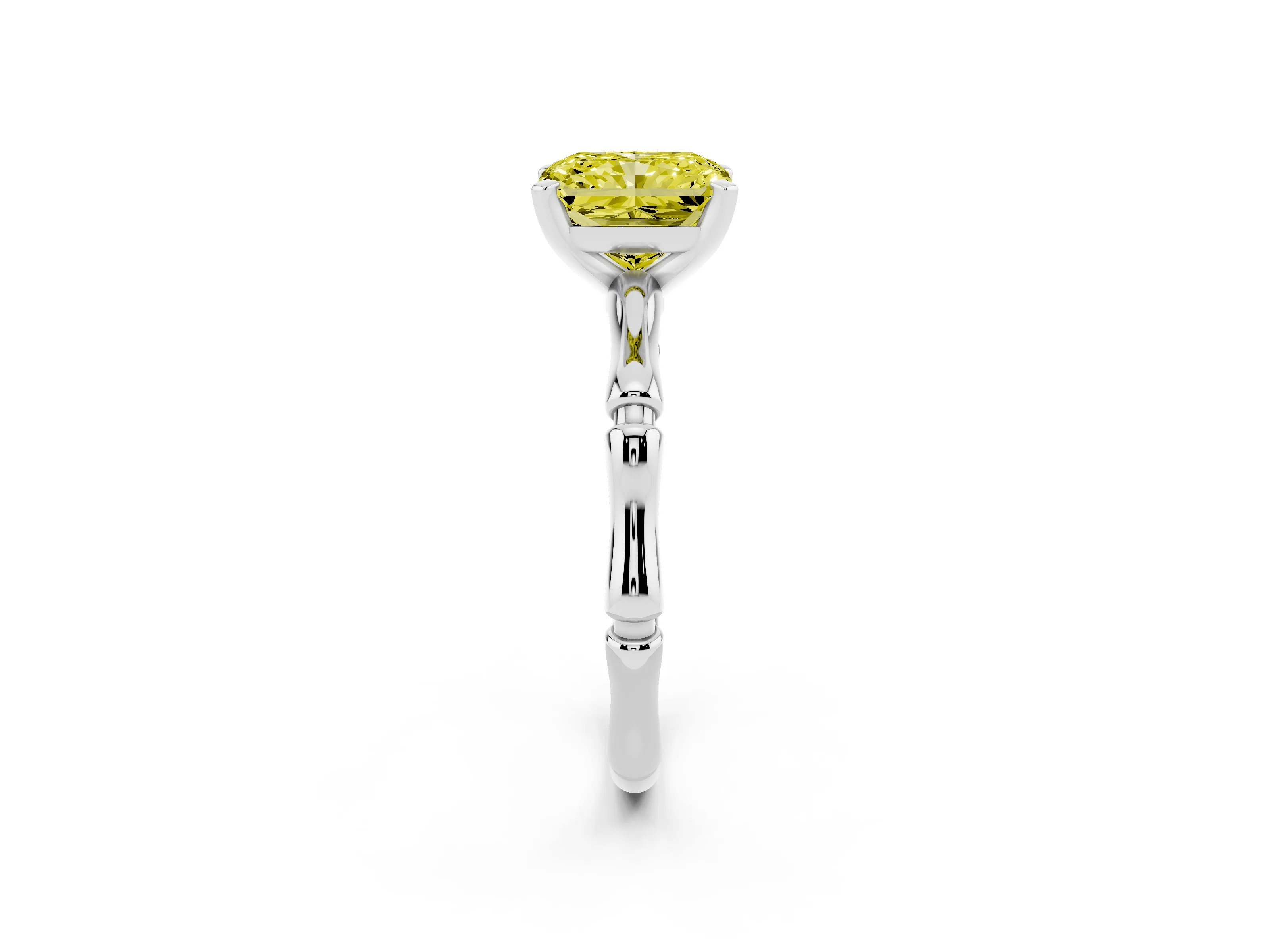Fancy Yellow Radiant Cut Diamond Solitaire Ring Set in Silver with Bamboo Band and Prong Setting