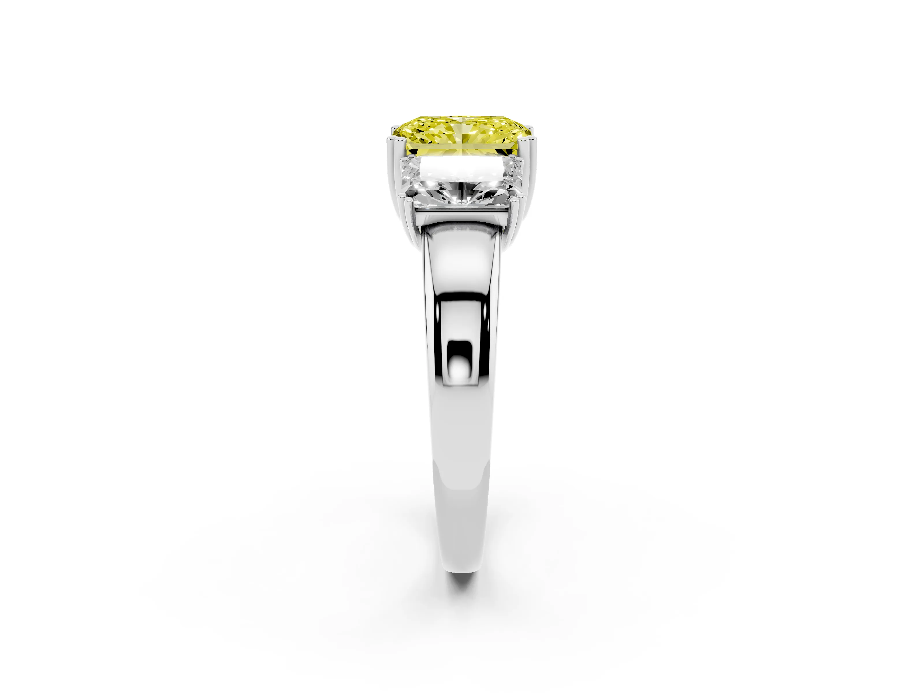Fancy Yellow Radiant Cut Diamond Three-Stone Ring Set in Platinum with Polished Channel-Set Band