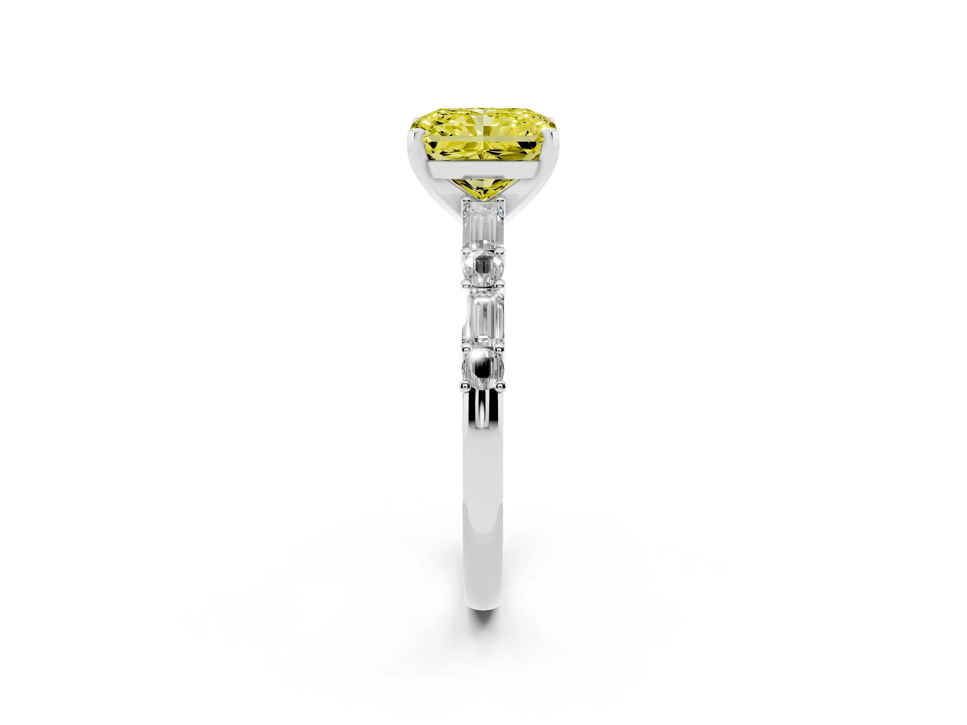 Fancy Yellow Radiant Cut Diamond Solitaire Set in Platinum with Side Baguettes and Channel Set Band