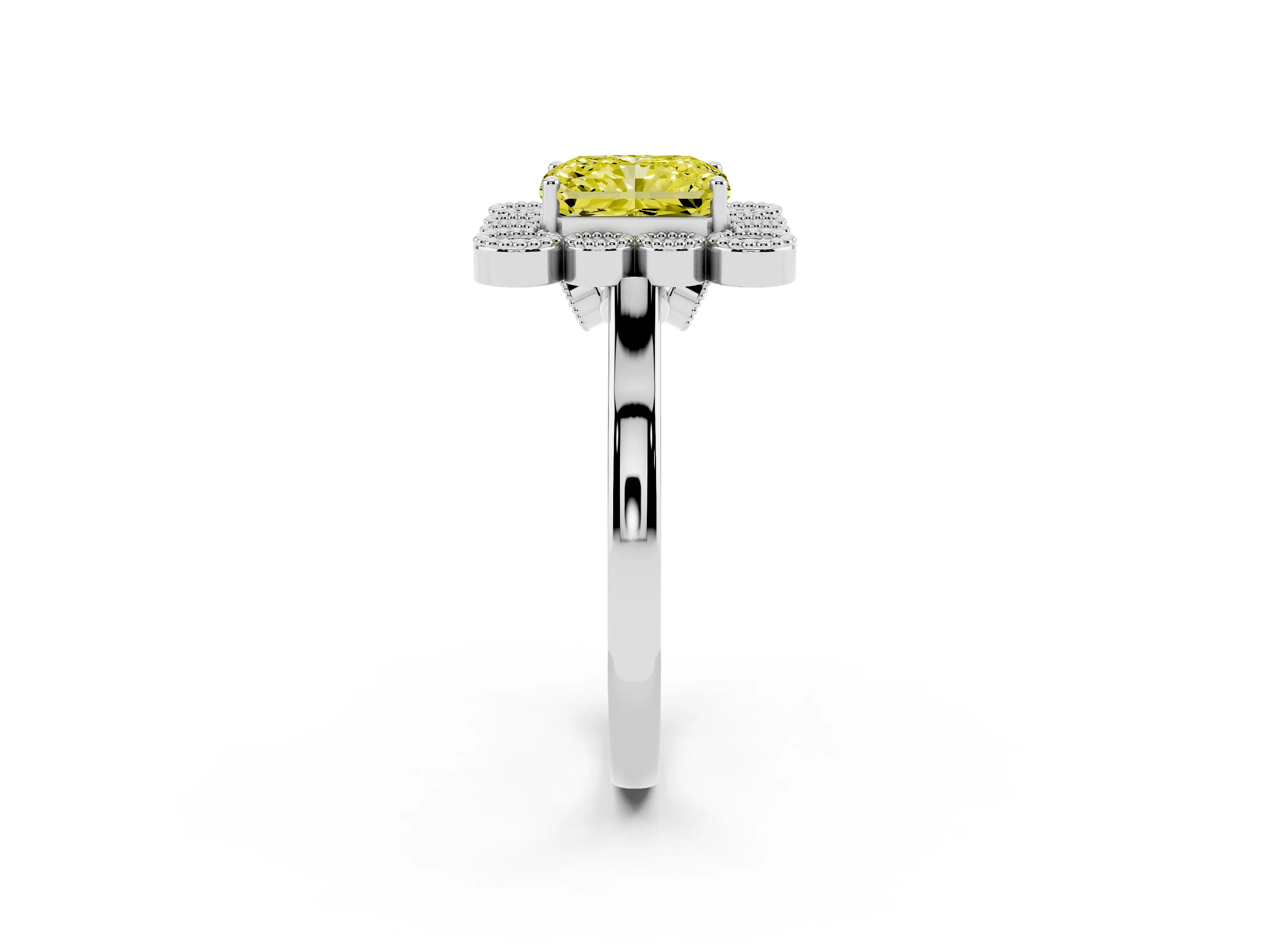 Fancy Yellow Radiant Cut Diamond Cluster Halo Ring Set in White gold with Milgrain Bezel Accents and Plain Band