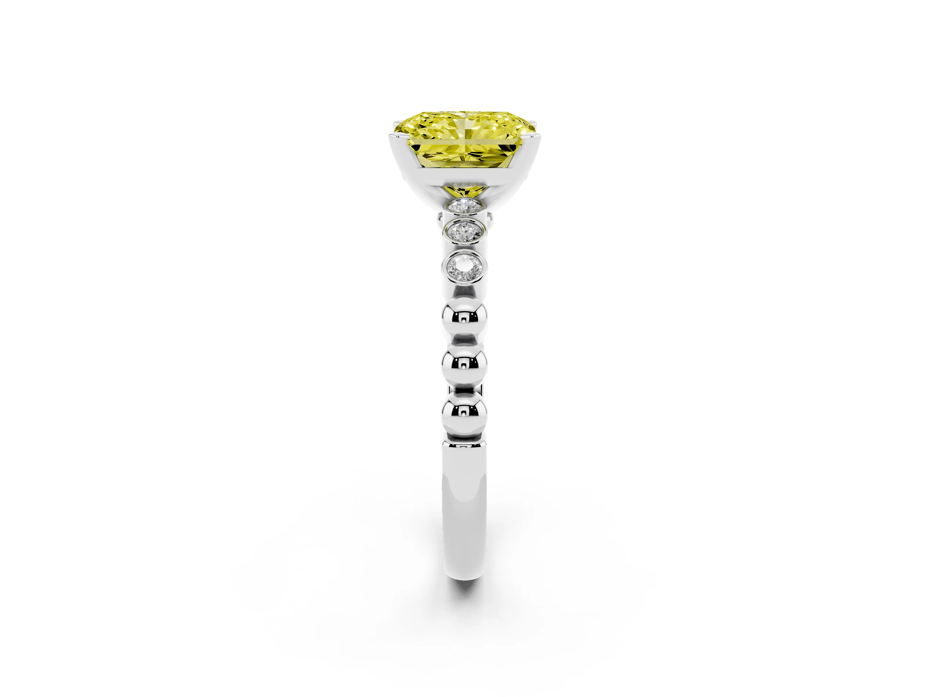 Fancy Yellow Radiant Cut Diamond Solitaire Engagement Ring Set in White gold with Bezel Accents on Beaded Band
