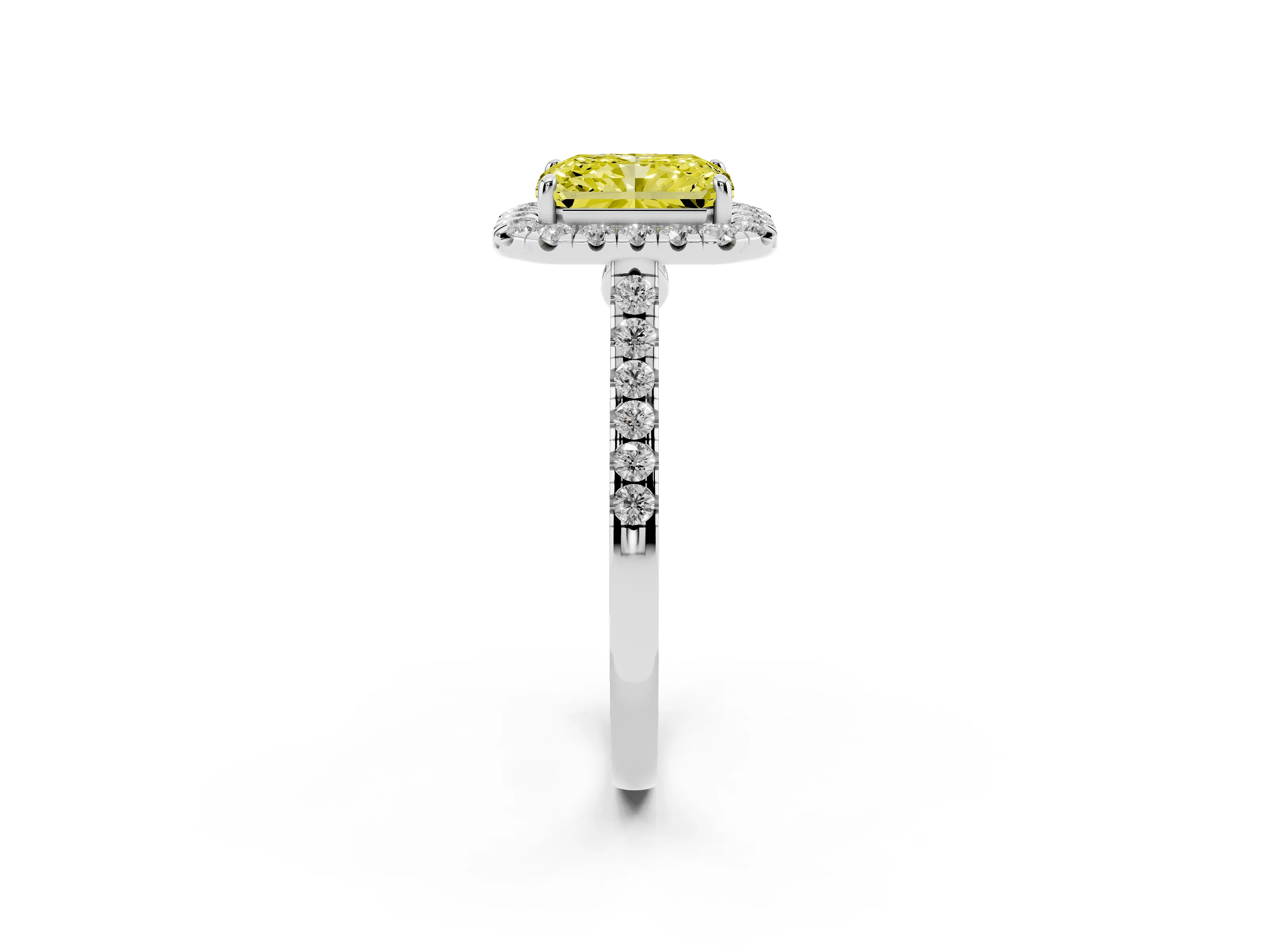 Fancy Yellow Radiant Cut Diamond Halo Pavé Engagement Ring Set in Silver with Prong Setting