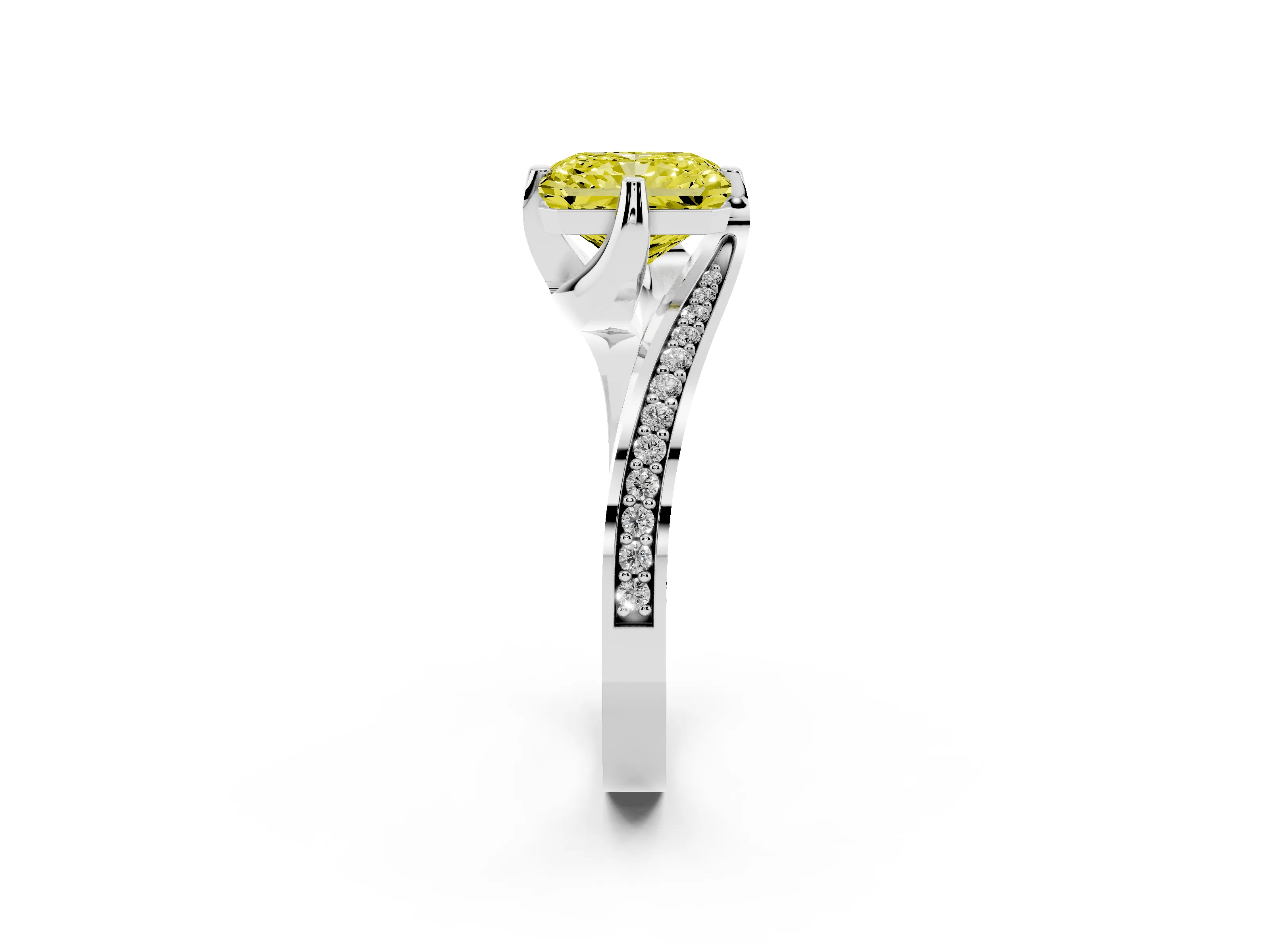 Fancy Yellow Radiant Cut Diamond Solitaire Ring Set in Silver with Intertwined Pavé Twist Band
