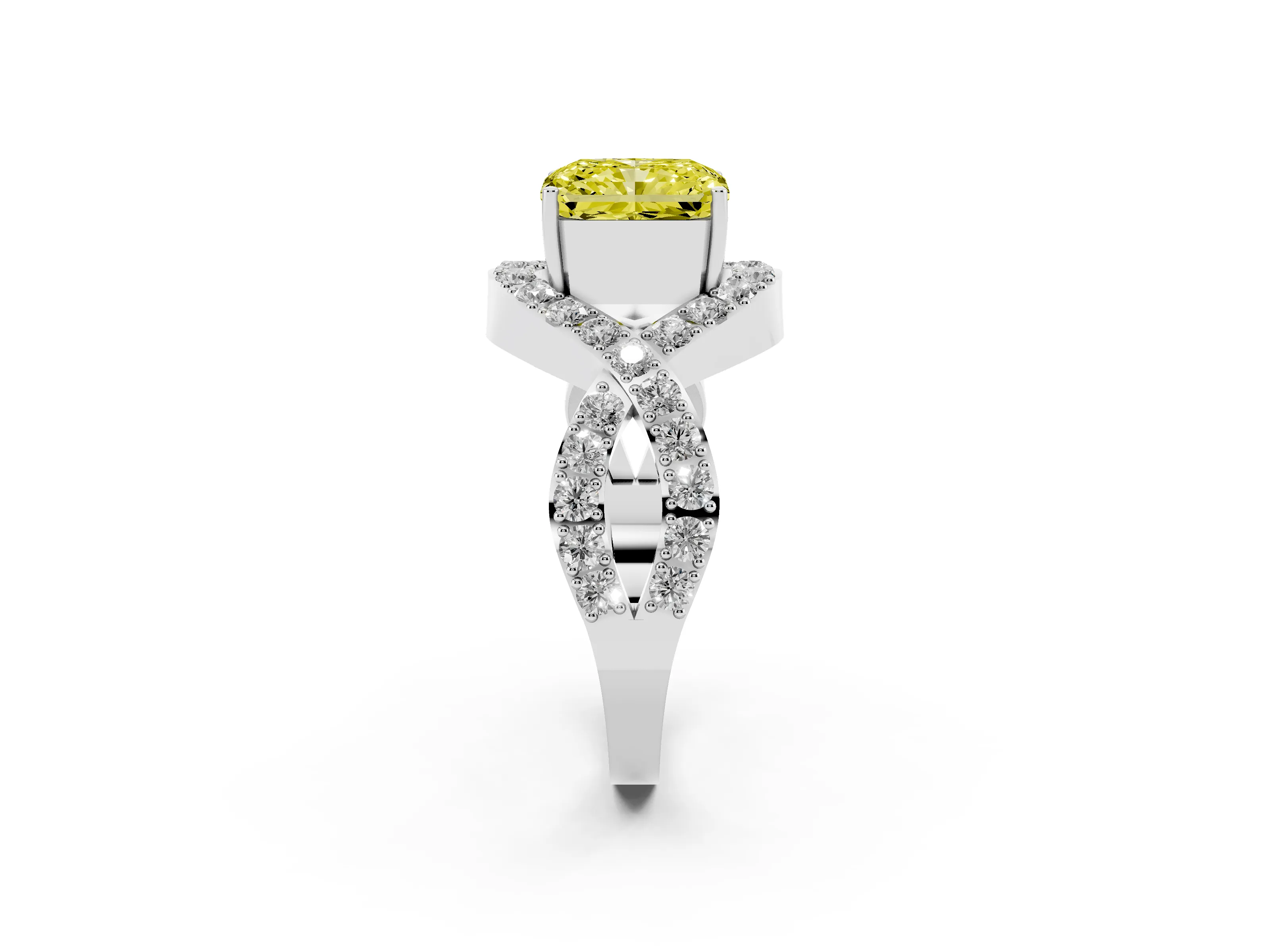 Fancy Yellow Radiant Cut Diamond Solitaire Twist Band Pavé Engagement Ring Set in Silver