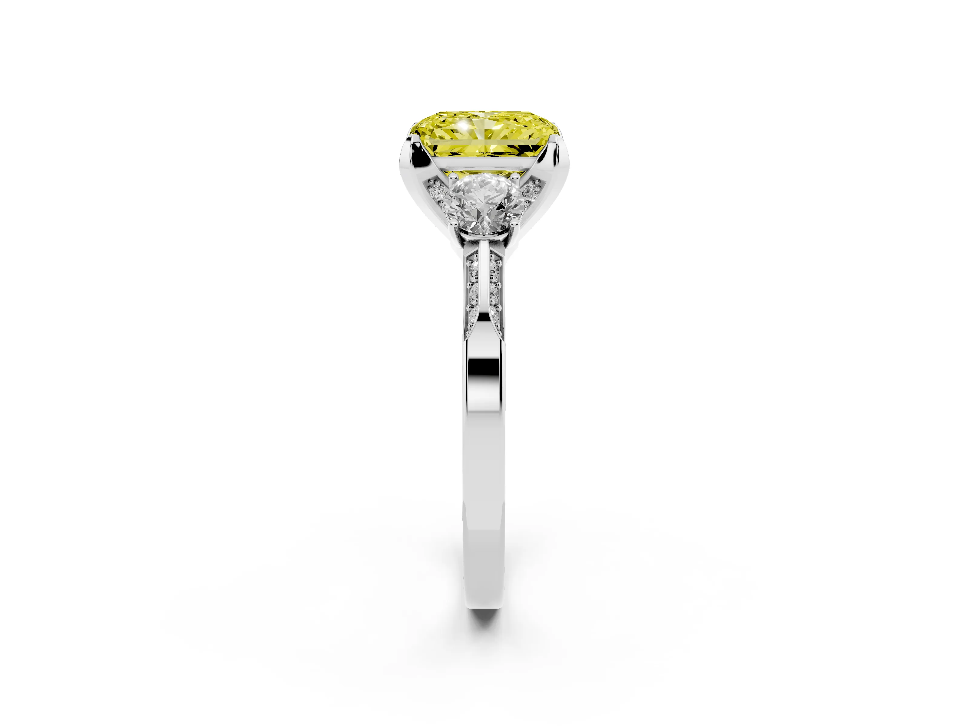 Fancy Yellow Radiant Cut Diamond Three-Stone Ring Set in White gold with Pavé Band and Smaller Side Stones