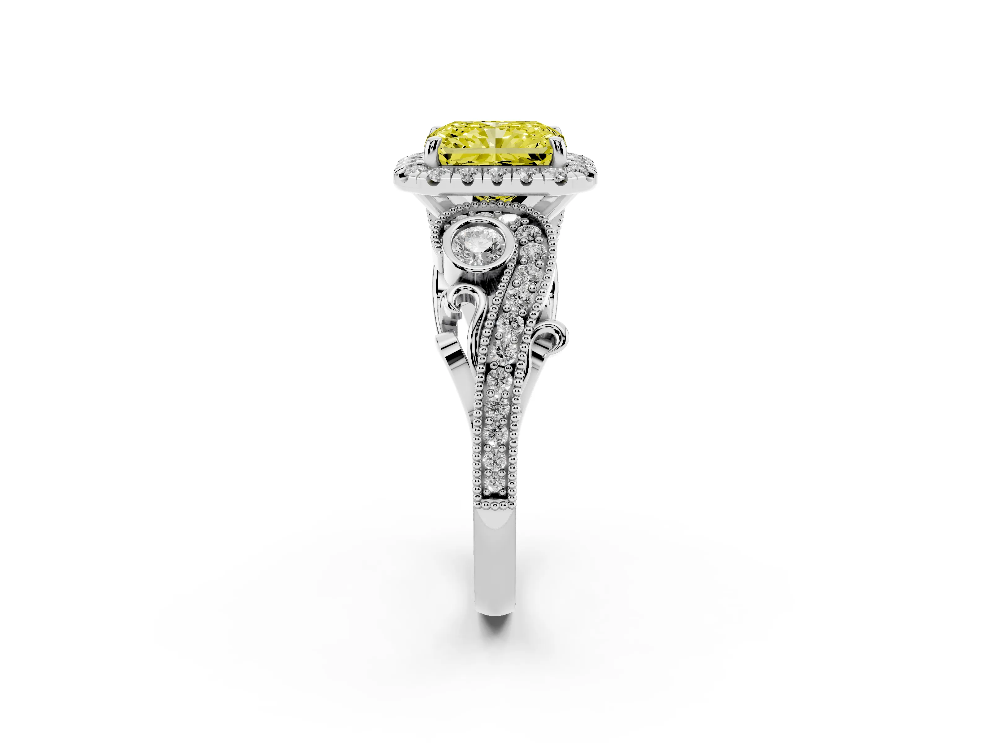 Fancy Yellow Radiant Cut Diamond Halo Ring Set in White gold with Milgrain Pavé Band and Prong Setting