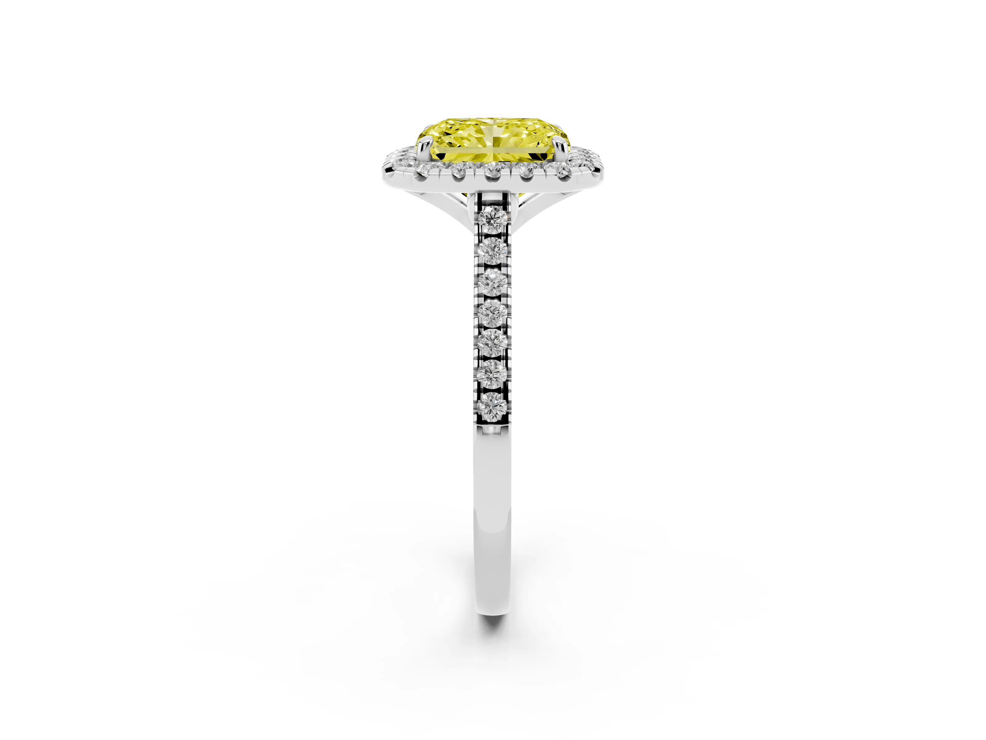 Fancy Yellow Radiant Cut Diamond Cushion Halo Ring Set in White gold with Pavé Band
