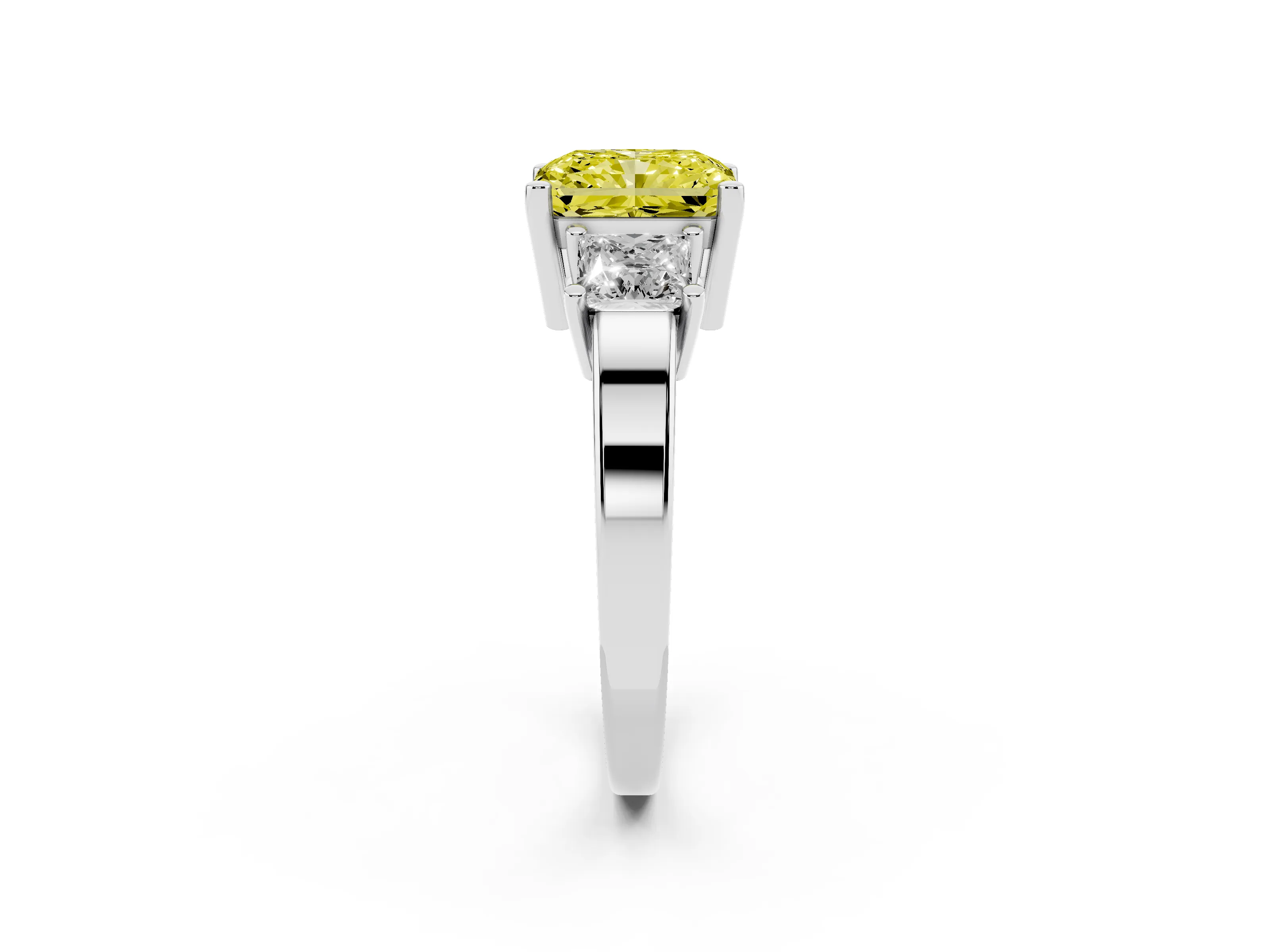Fancy Yellow Three-Stone Radiant Cut Diamond Solitaire Ring Set in Platinum with Prong Setting