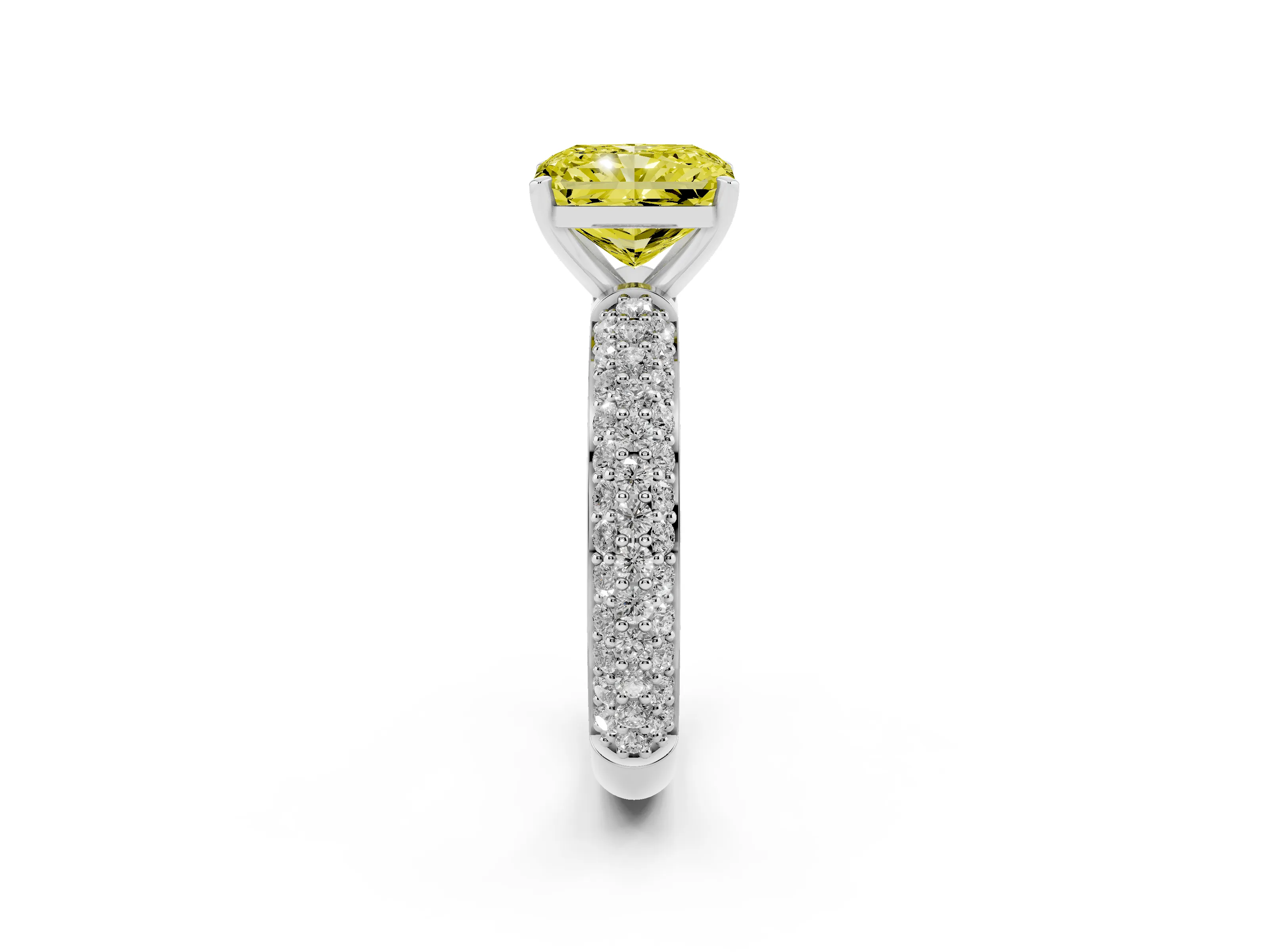 Fancy Yellow Radiant Cut Diamond Solitaire Ring Set in Silver with Prong Setting and Pavé-Set Band