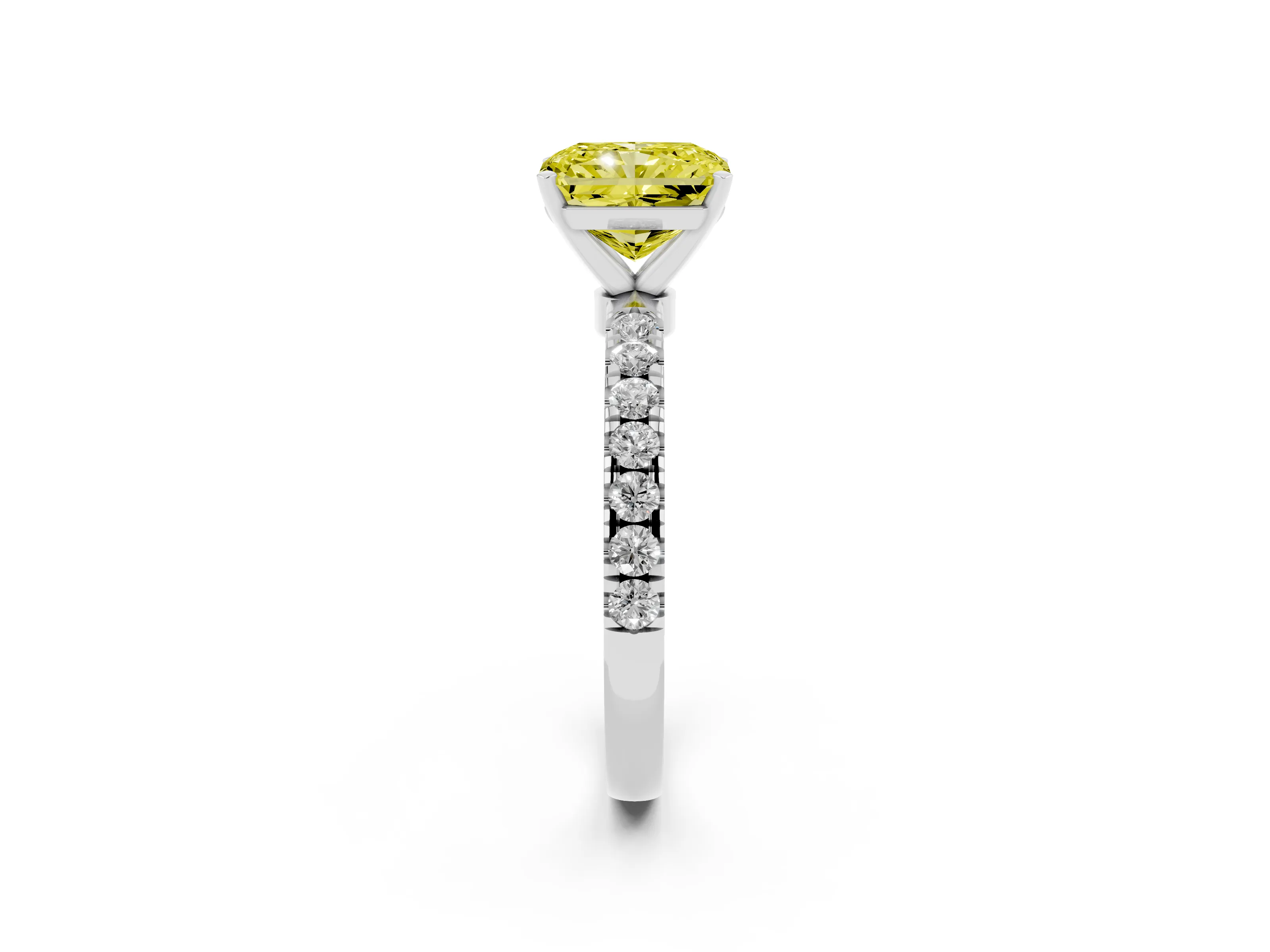 Fancy Yellow Radiant Cut Diamond Solitaire Ring Set in Silver with Pavé Accents and Prong Setting