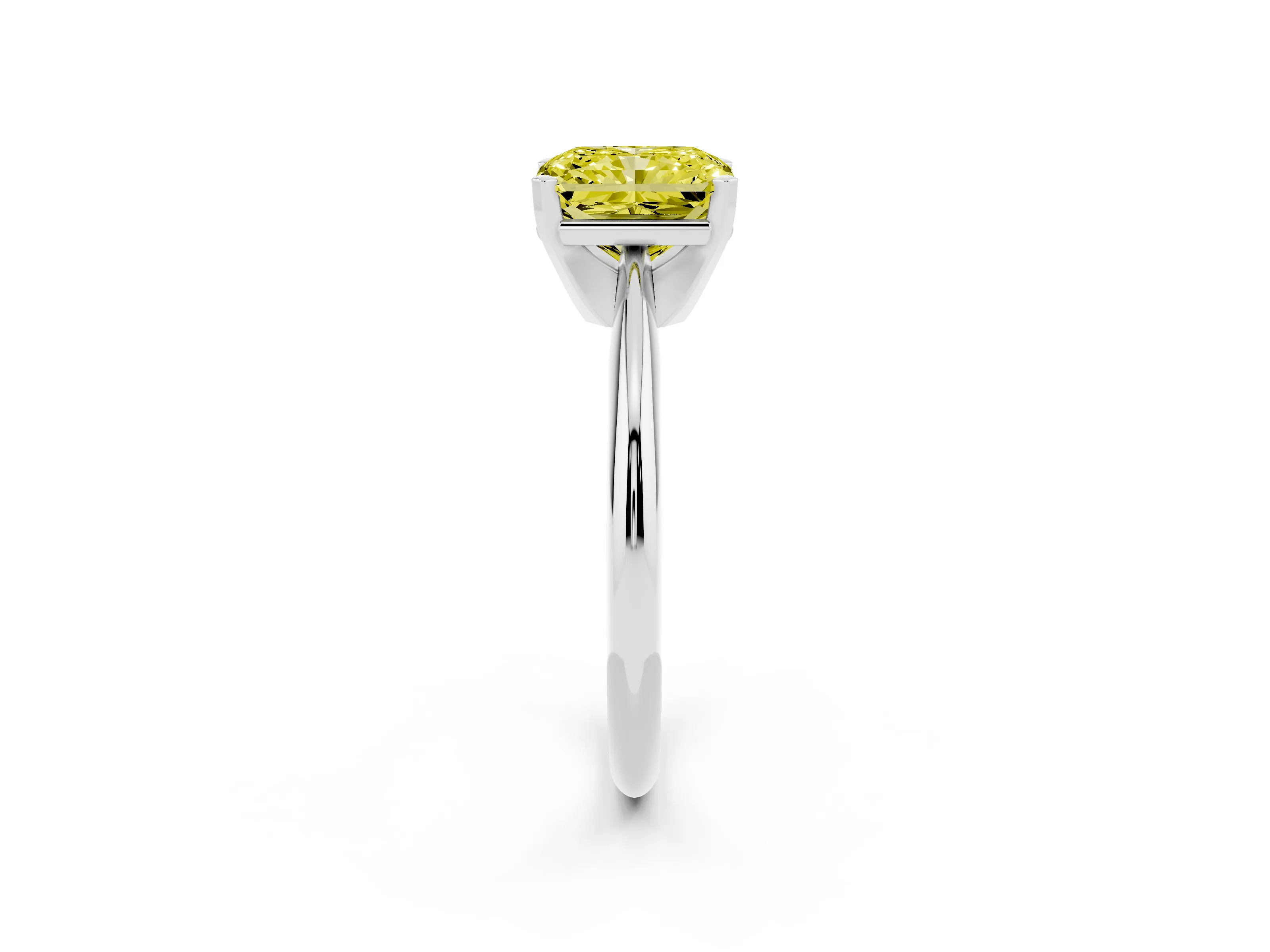 Fancy Yellow Radiant Cut Diamond Solitaire Ring Set in White gold with Prong Setting on a Plain Round Band