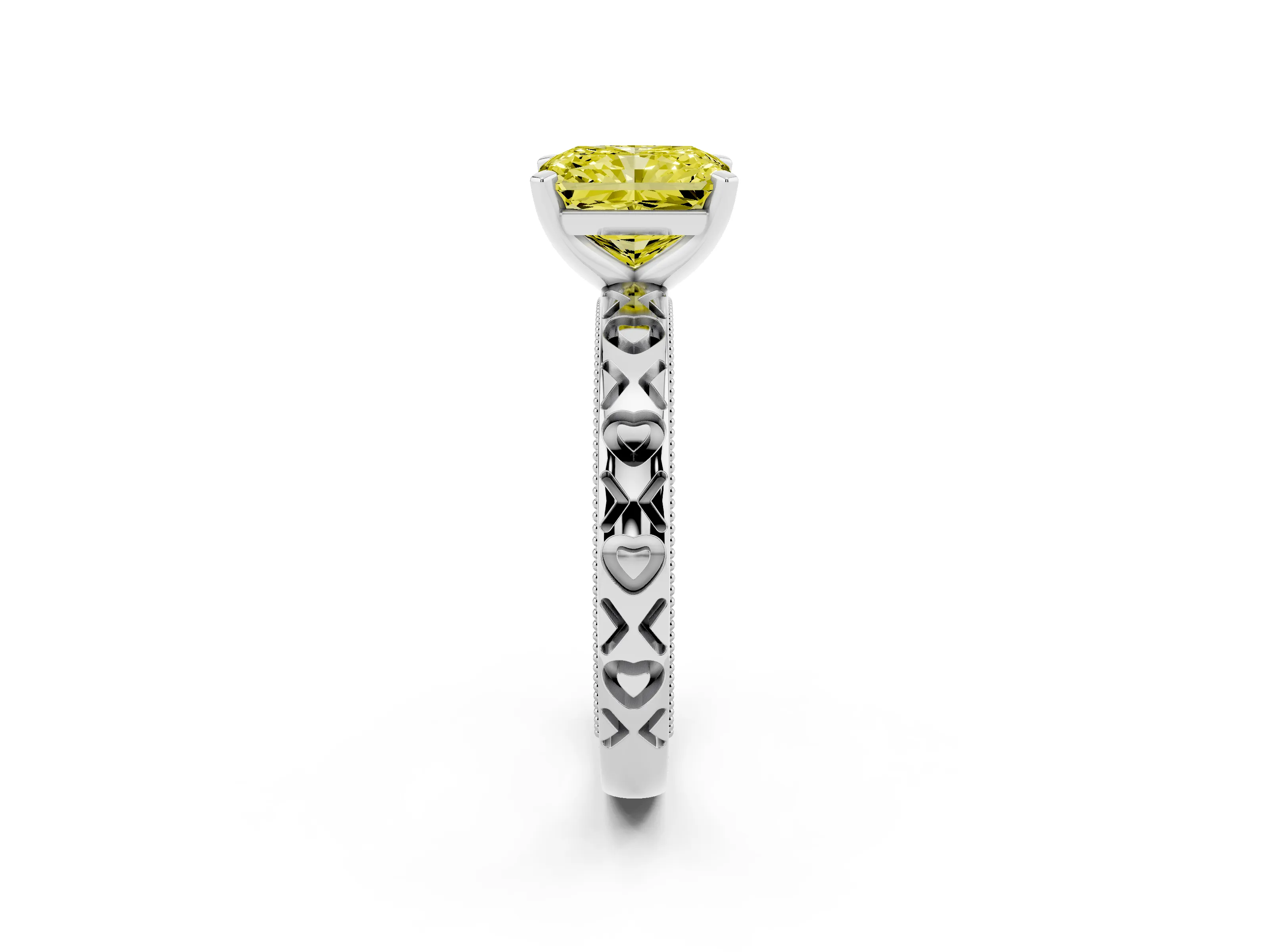 Fancy Yellow Radiant Cut Diamond Solitaire Engagement Ring Set in White gold with XO Engraved Band and Prong Setting