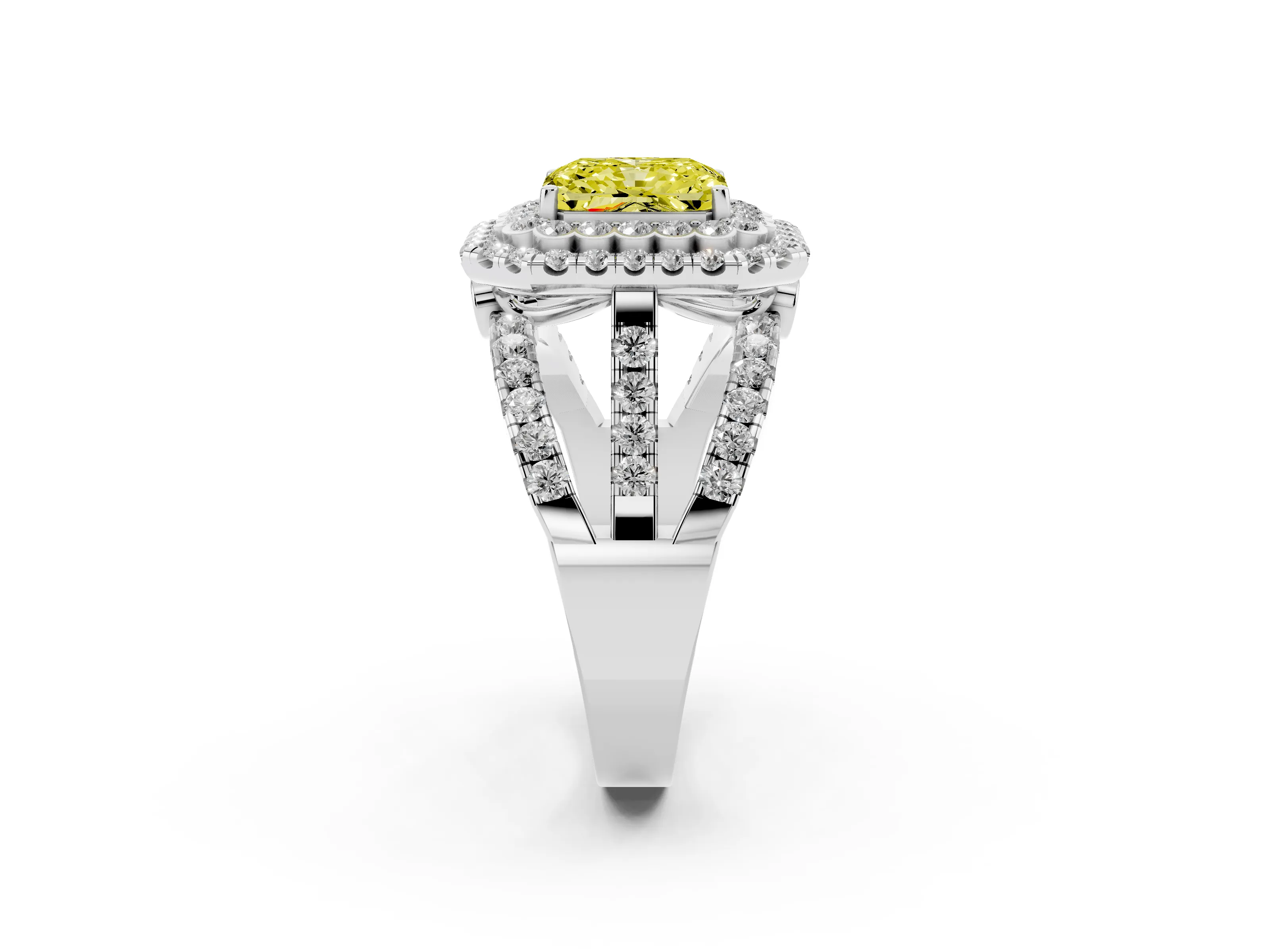 Fancy Yellow Radiant Cut Diamond Double Halo Ring Set in White gold with Round Pavé Split Shank