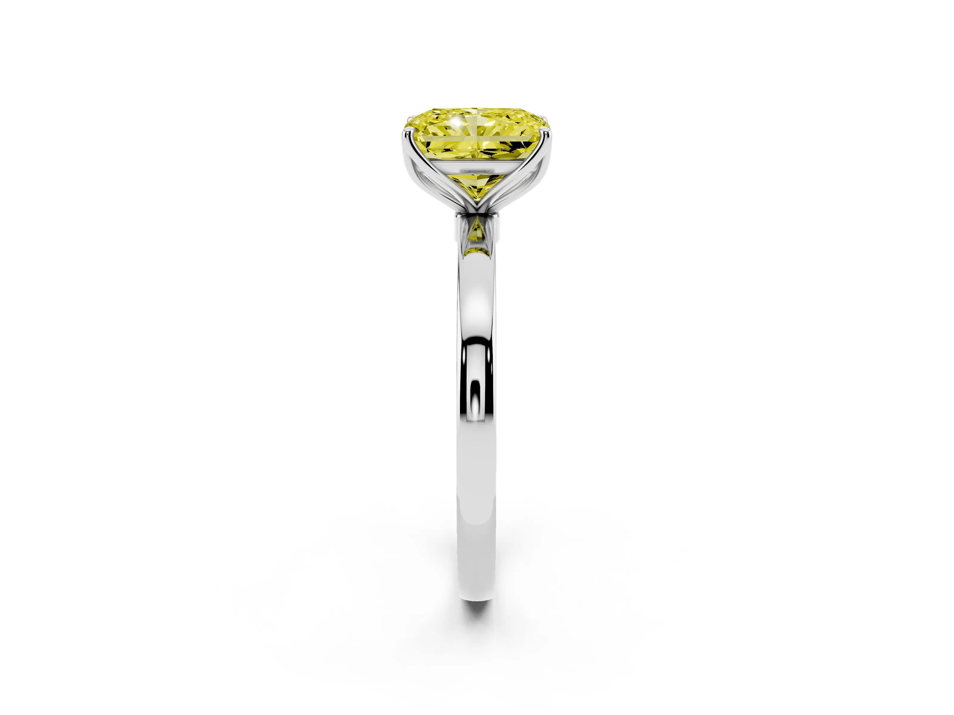 Fancy Yellow Radiant Cut Diamond Solitaire Ring Set in White gold with Prong Setting and Thin Polished Band