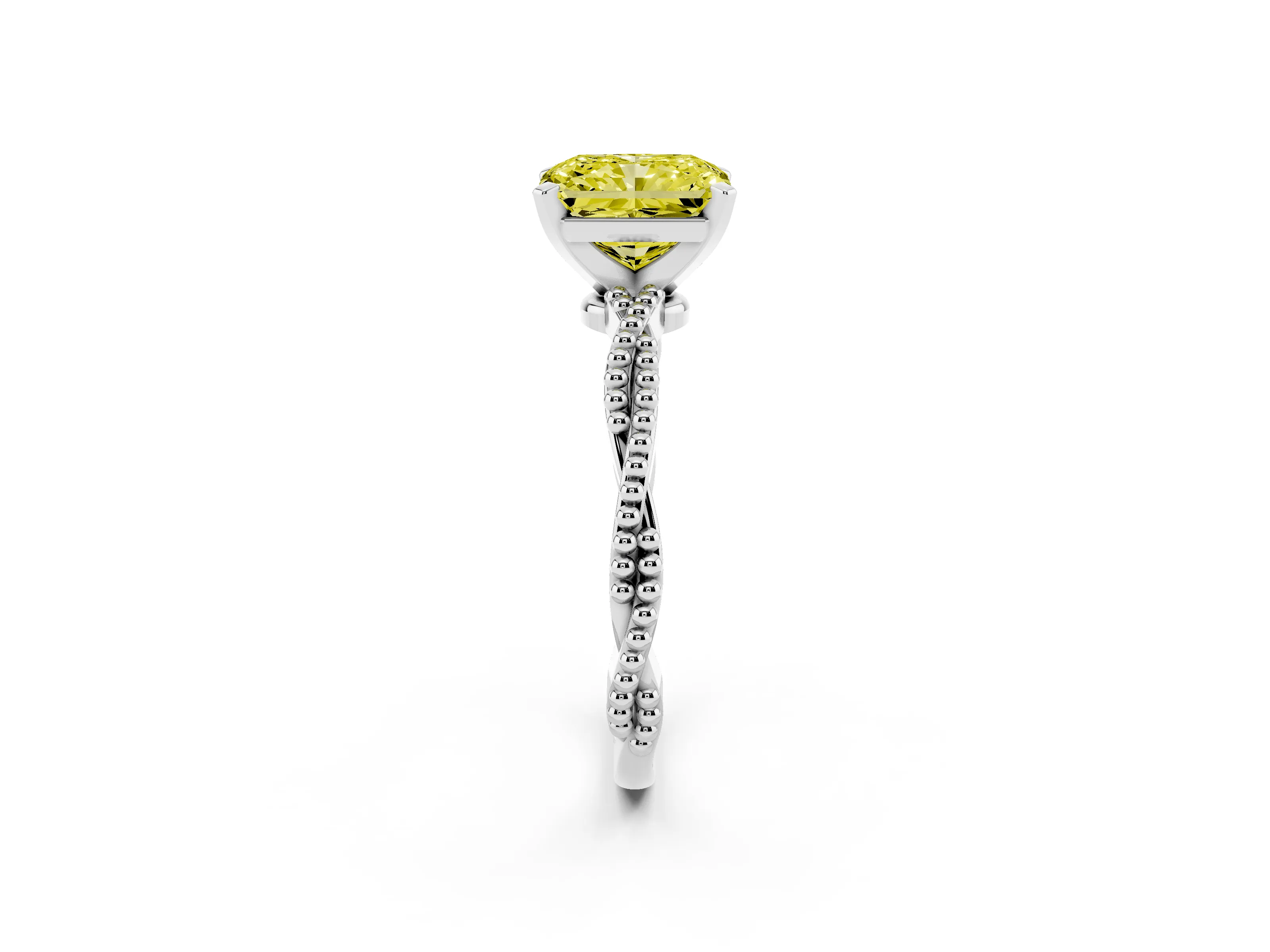 Fancy Yellow Radiant Cut Diamond Solitaire Ring Set in Platinum with Twisted Band and Bead Prong Setting