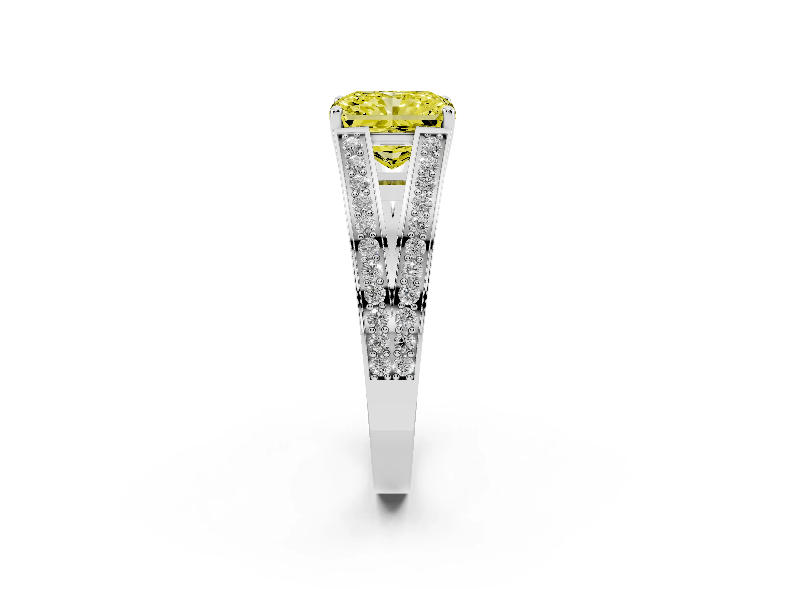 Fancy Yellow Radiant Cut Diamond Split Shank Ring Set in Platinum with Pavé Band and Prong Setting