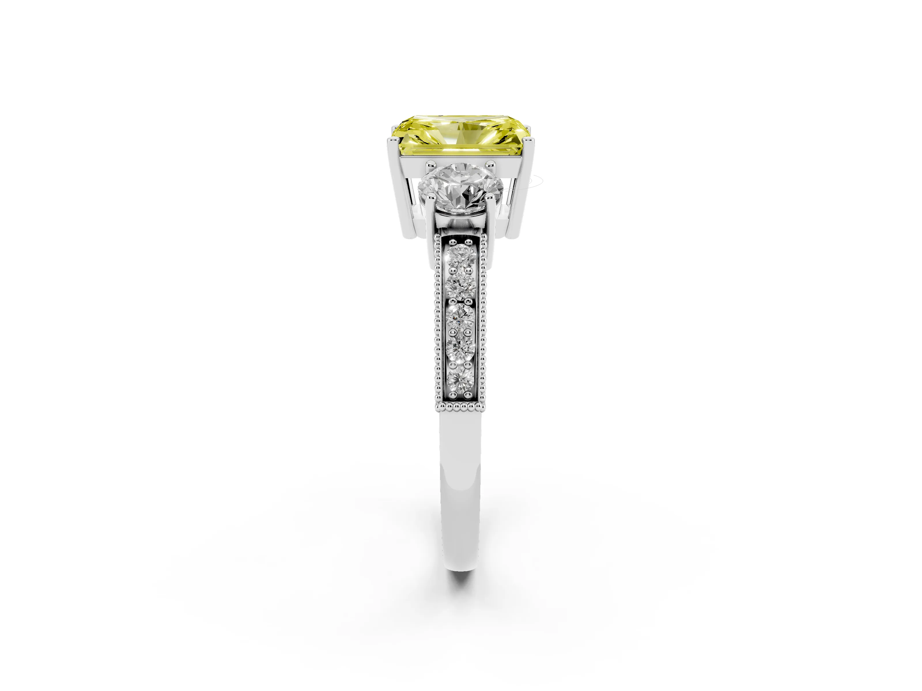 Fancy Yellow Radiant Cut Diamond Three-Stone Ring Set in Silver with Round Side Stones and Pavé Band