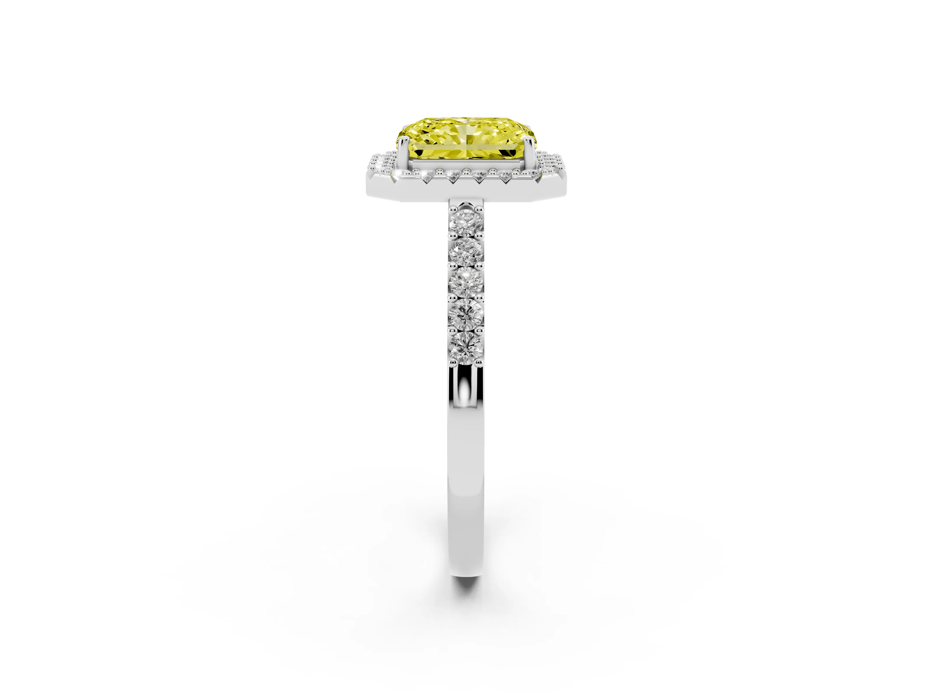 Fancy Yellow Radiant Cut Diamond Halo Pavé Solitaire Ring Set in Platinum with Prong-Set Center Stone