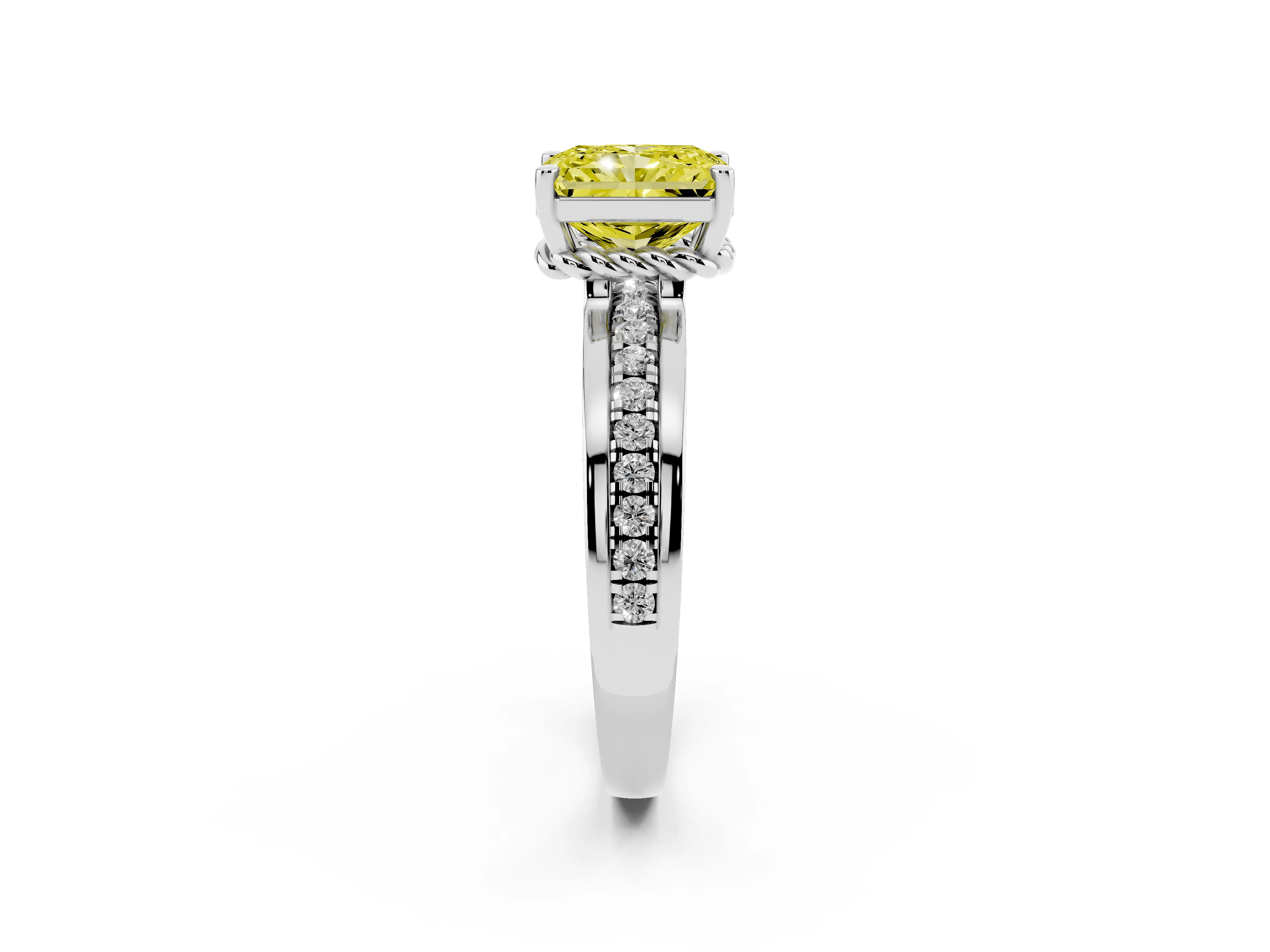 Fancy Yellow Radiant Cut Diamond Solitaire Ring Set in White gold with Channel Set Band and Prong Setting