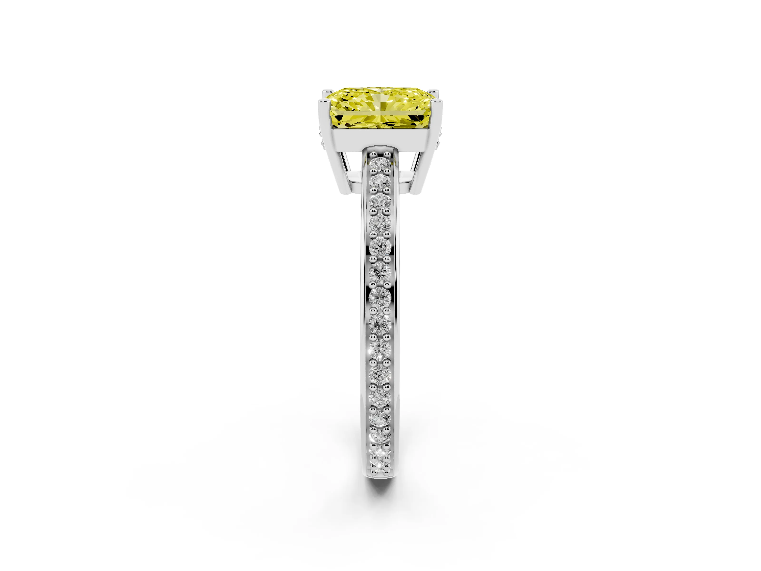 Fancy Yellow Radiant Cut Diamond Pavé Band Prong Set Solitaire Ring Set in Platinum