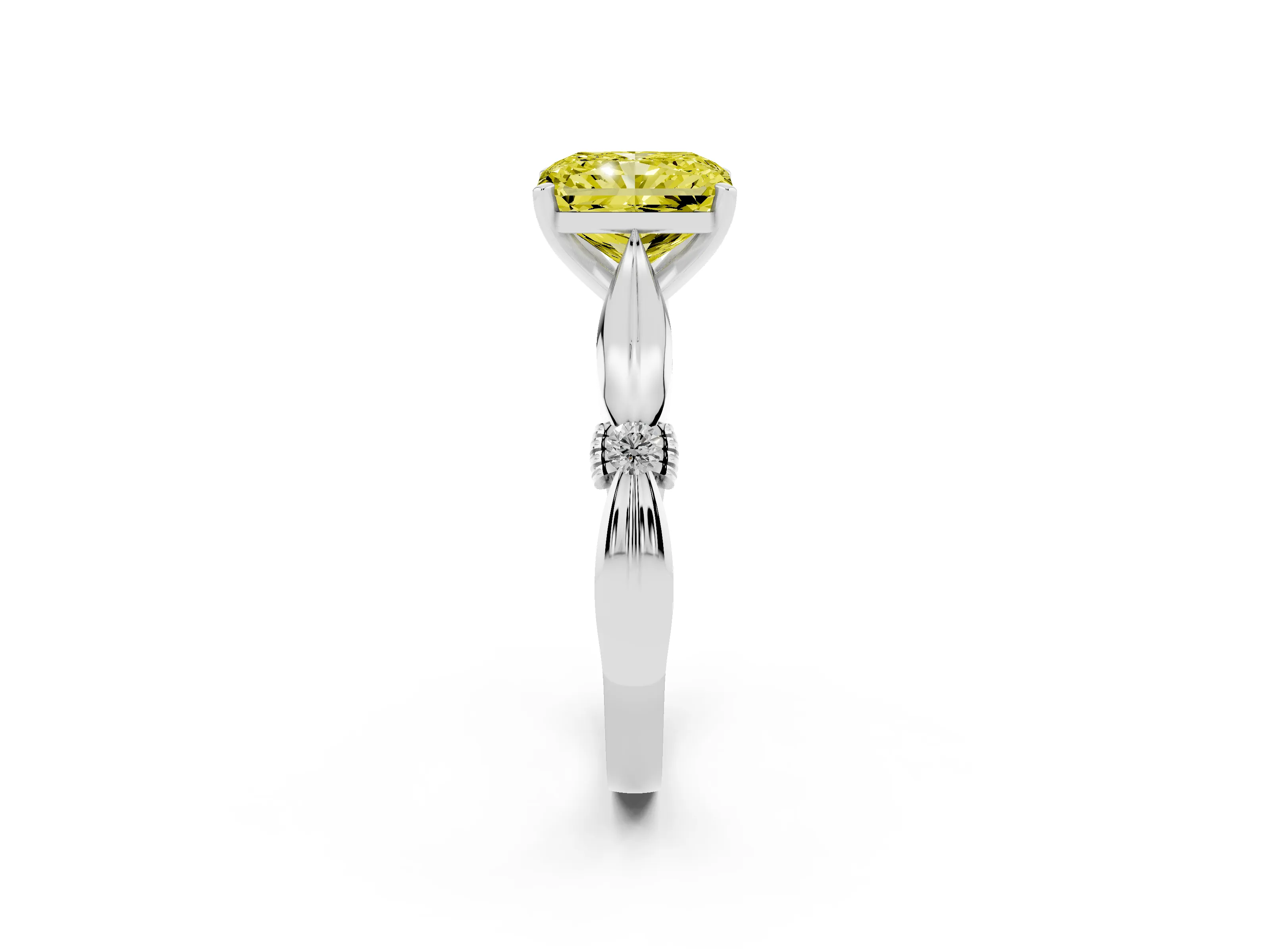 Fancy Yellow Radiant Cut Diamond Solitaire Twisted Band Ring Set in White gold with Accent Stones and Prong Setting