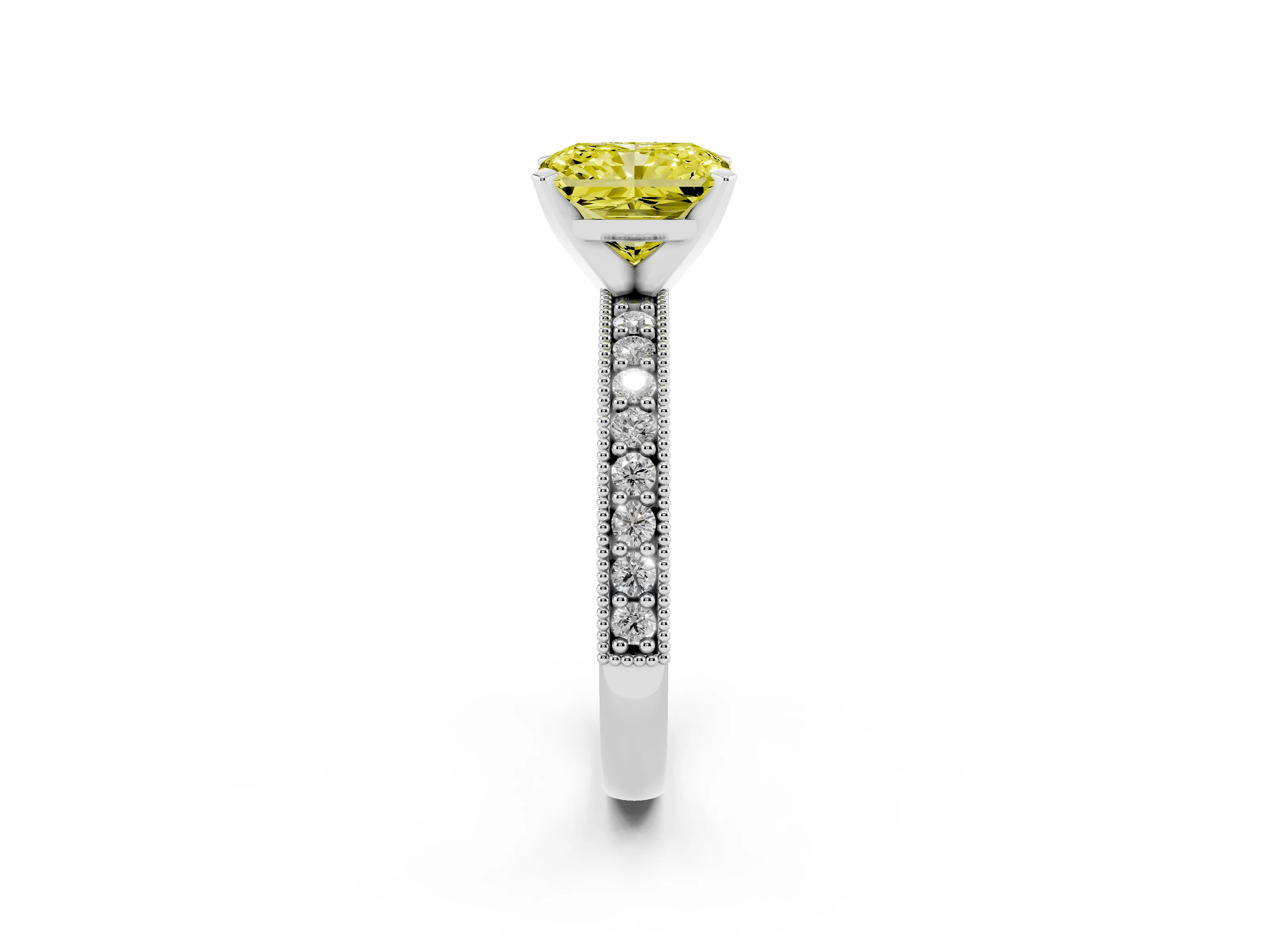Fancy Yellow Radiant Cut Diamond Milgrain Pavé Engagement Ring Set in Silver with Prong Setting
