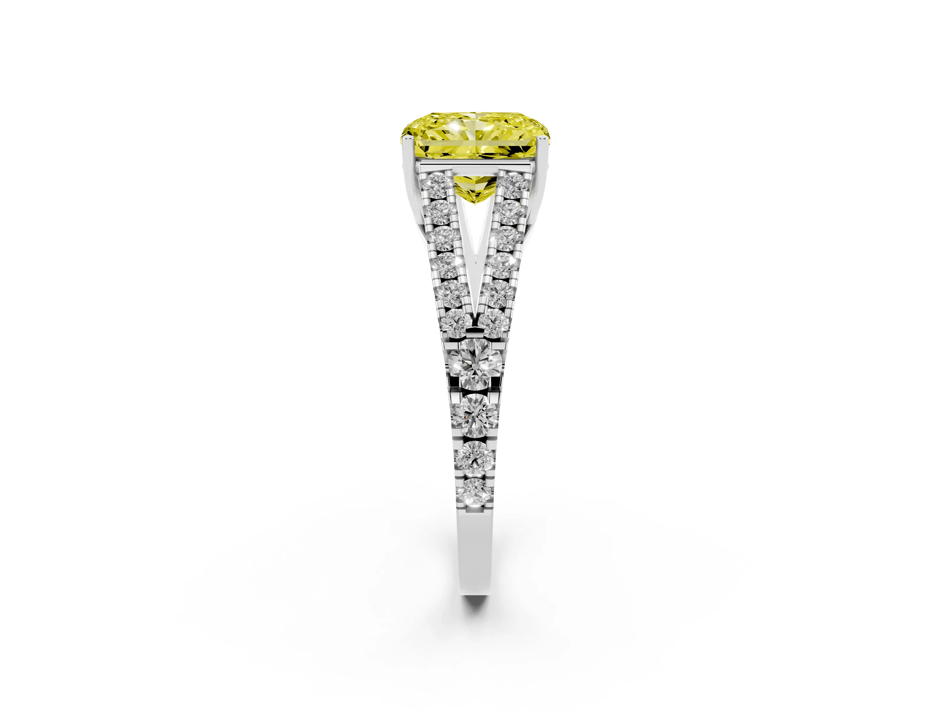 Fancy Yellow Radiant Cut Diamond Split Shank Pavé Engagement Ring Set in Platinum with Prong-Held Center Stone