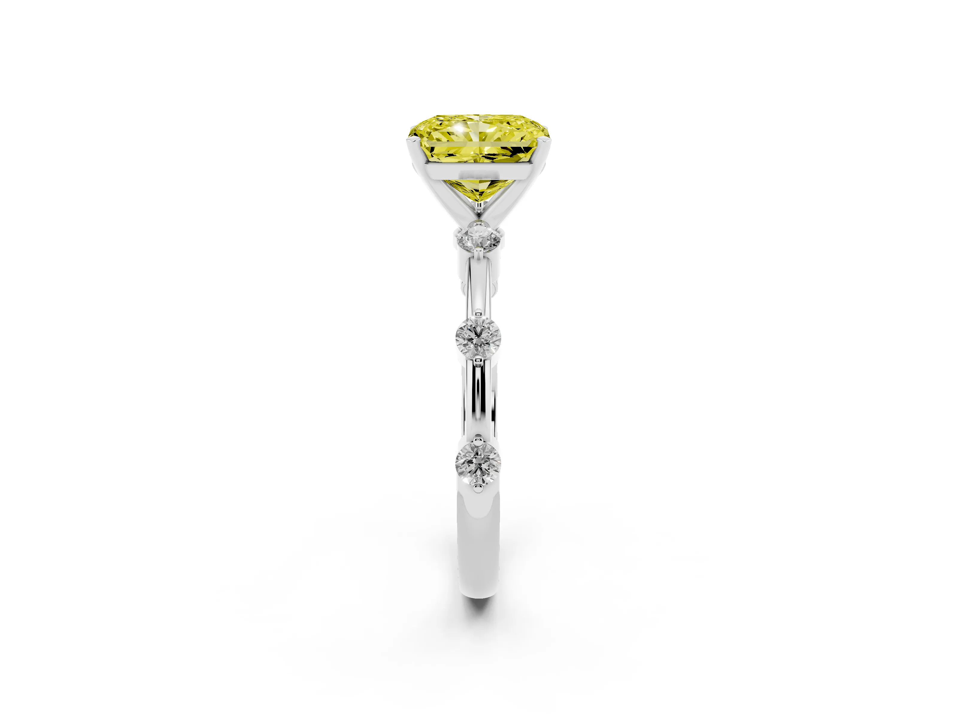 Fancy Yellow Radiant Cut Diamond Solitaire Ring Set in Silver with Bezel Set Side Stones and Prong Setting