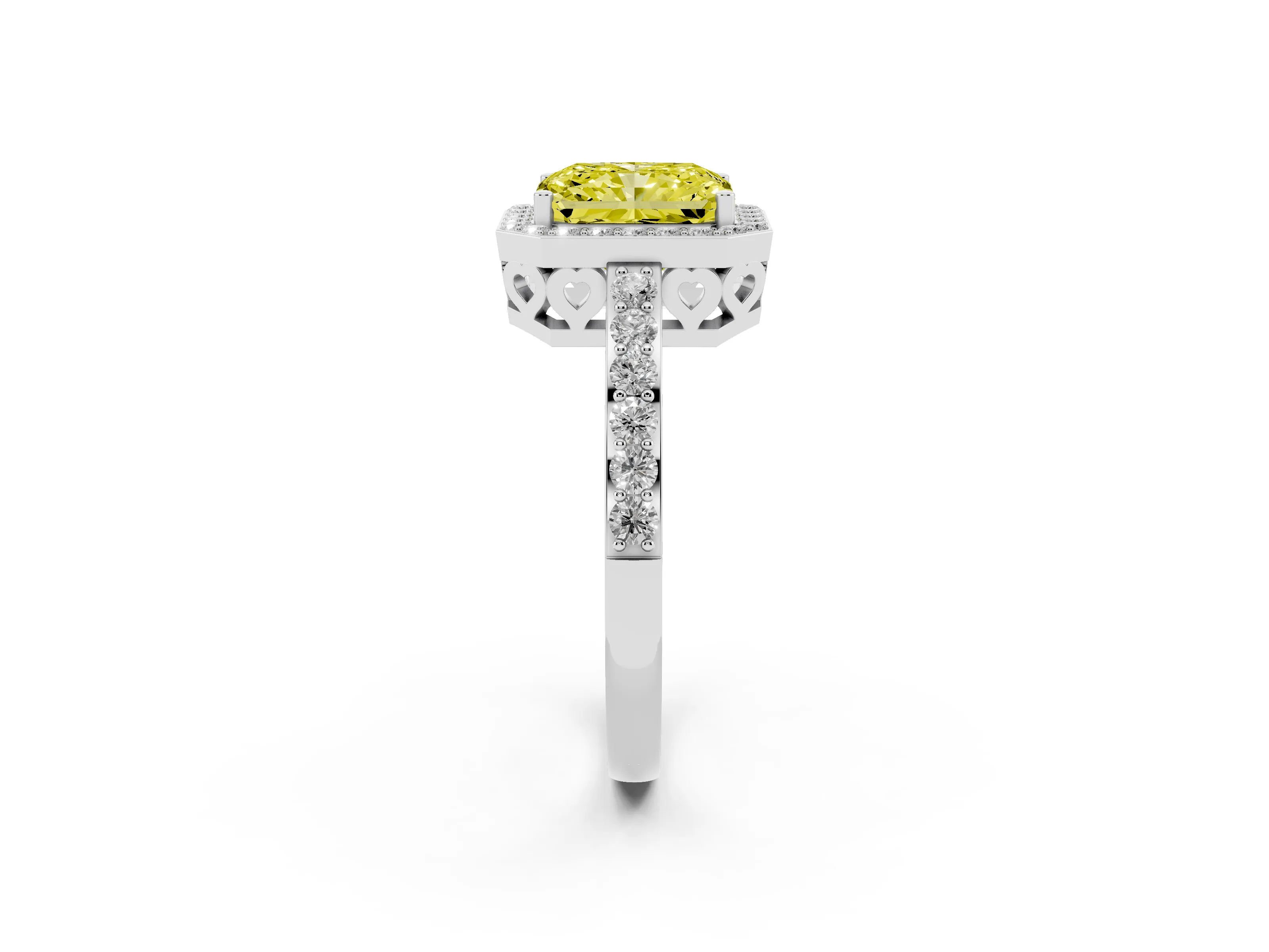 Fancy Yellow Radiant Cut Diamond Halo Ring Set in White gold with Pavé-Setting Band and Open Prong Center