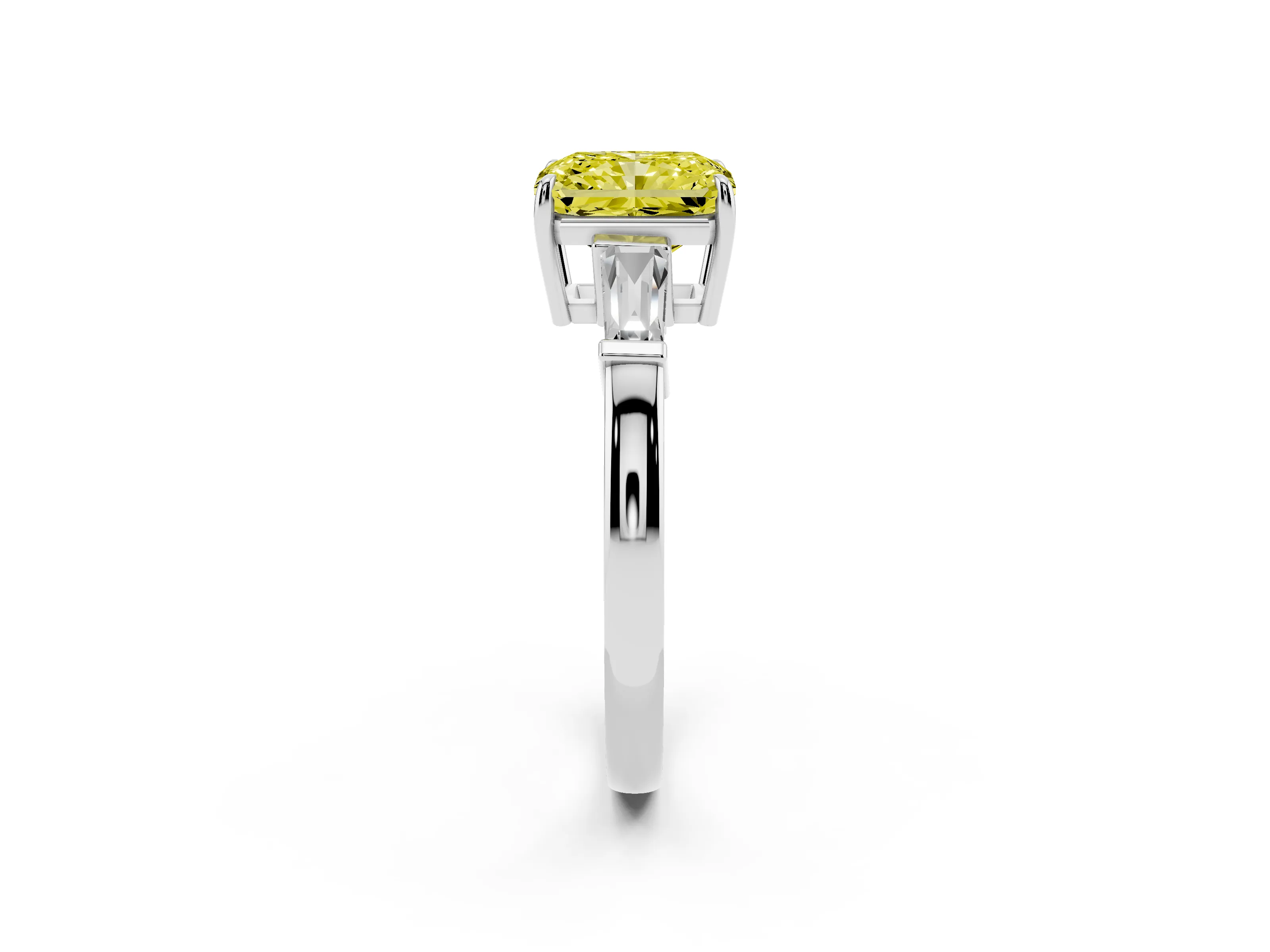 Fancy Yellow Radiant Cut Diamond Three-Stone Ring Set in Platinum with Tapered Baguette Side Stones and Prong Setting
