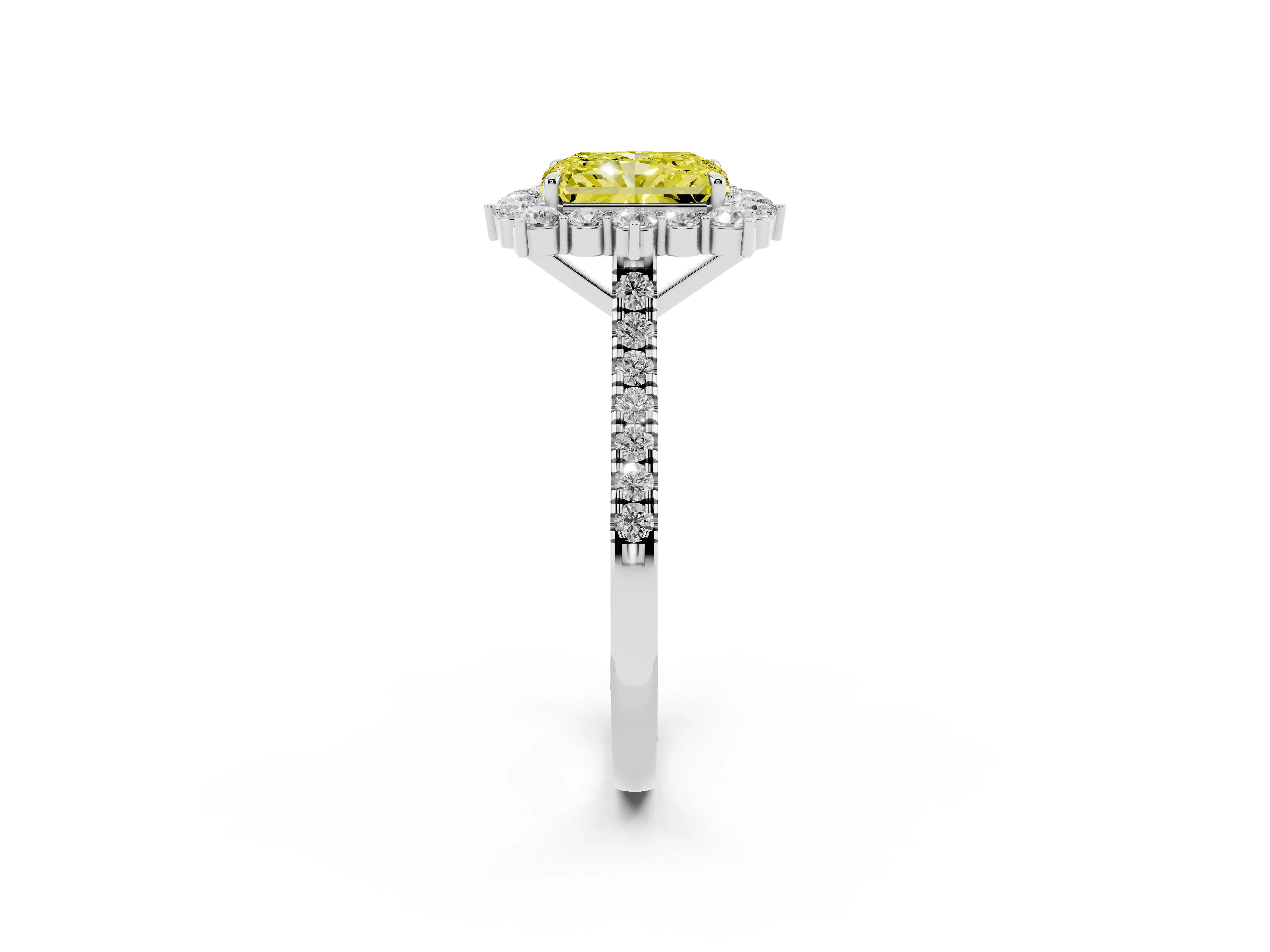 Fancy Yellow Radiant Cut Diamond Halo Ring Set in Platinum with Pavé Band and Prong Setting